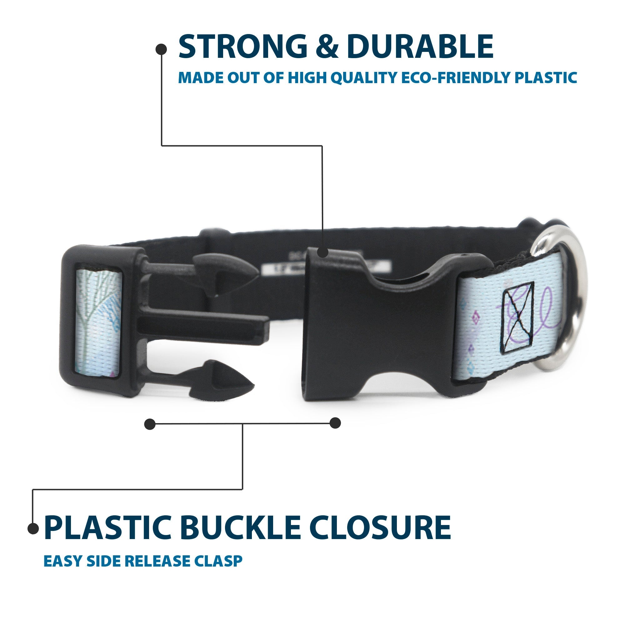 Plastic Clip Collar - Frozen Elsa Snowflake Pose with Trees and Script Blues/Purples