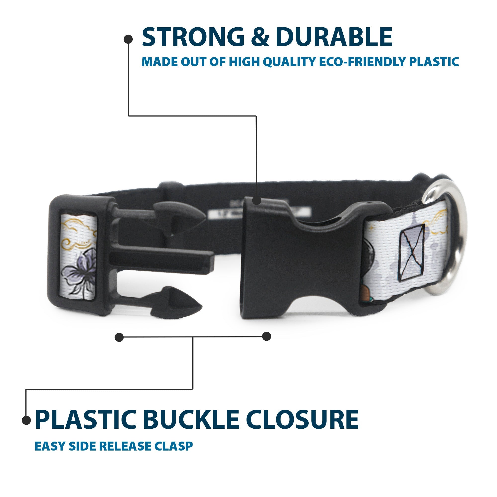 Plastic Clip Collar - Aladdin Jasmine Palace Pose with Script and Flowers White/Purples