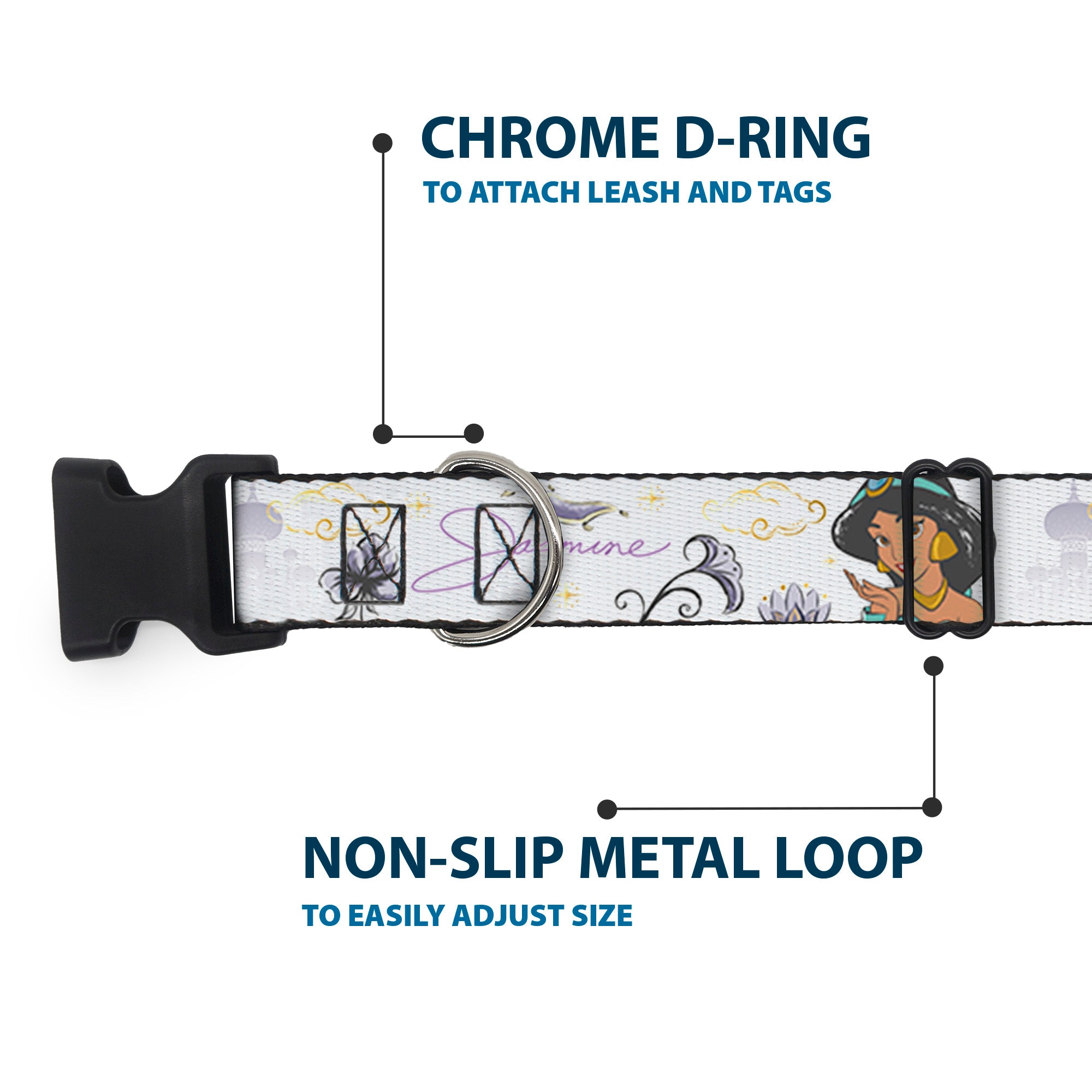 Plastic Clip Collar - Aladdin Jasmine Palace Pose with Script and Flowers White/Purples