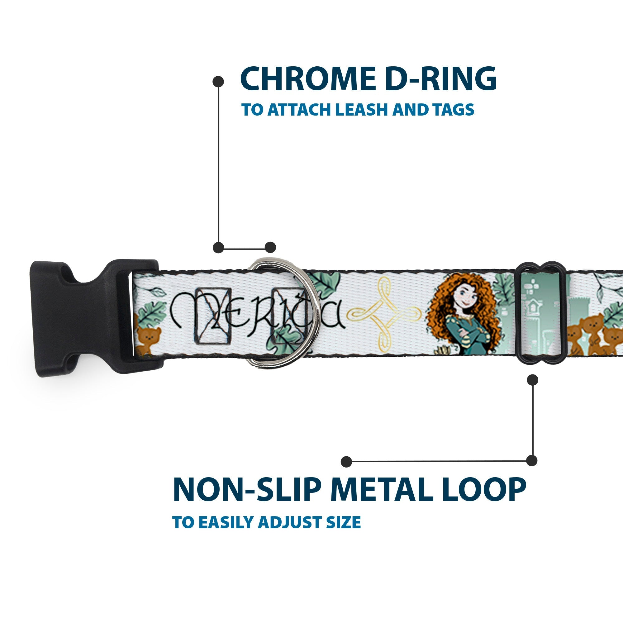 Plastic Clip Collar - Brave Merida Castle and Three Bear Brothers Pose with Script Greens