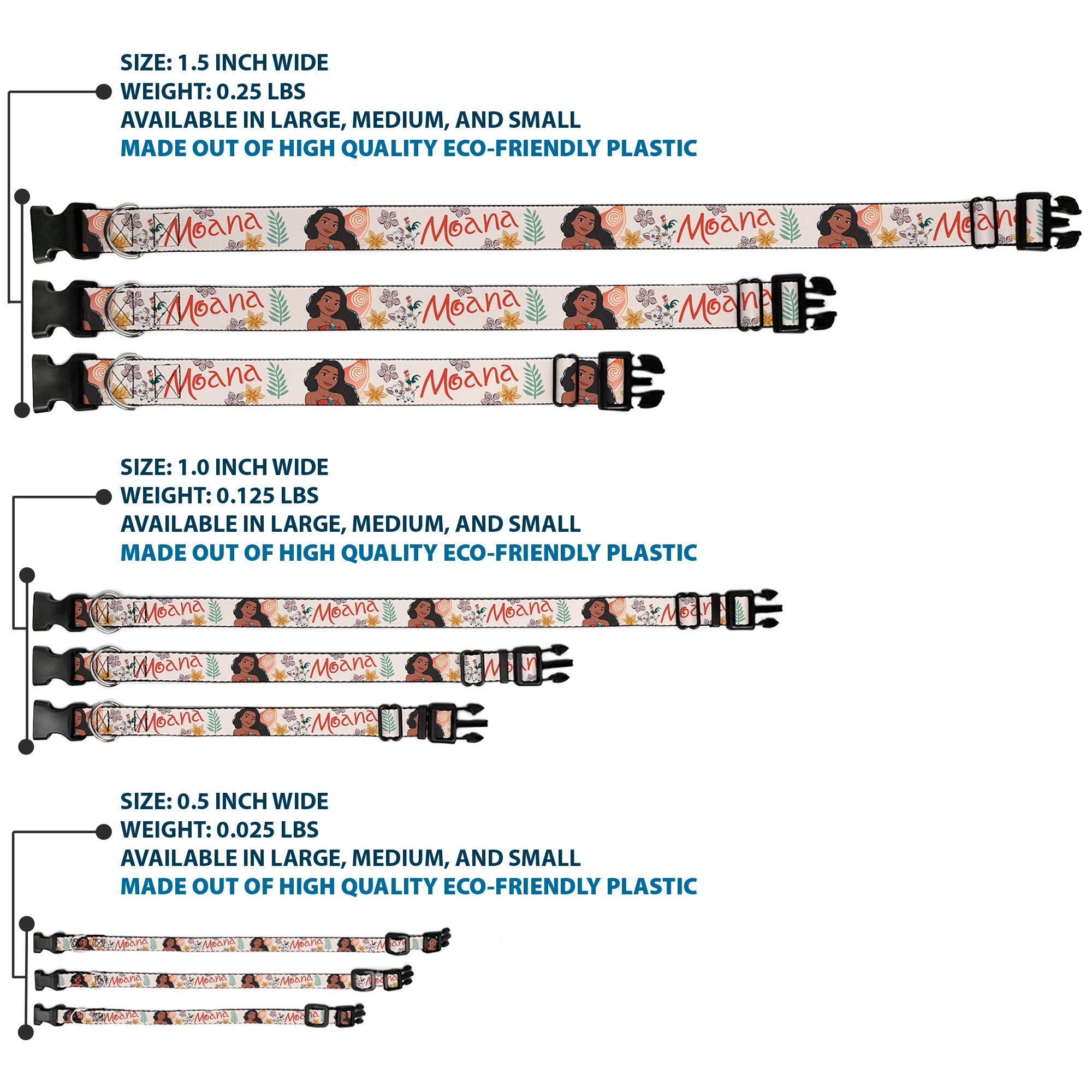 Plastic Clip Collar - Moana with Pua and Hei Hei Sail Pose with Script and Flowers Beige/Orange