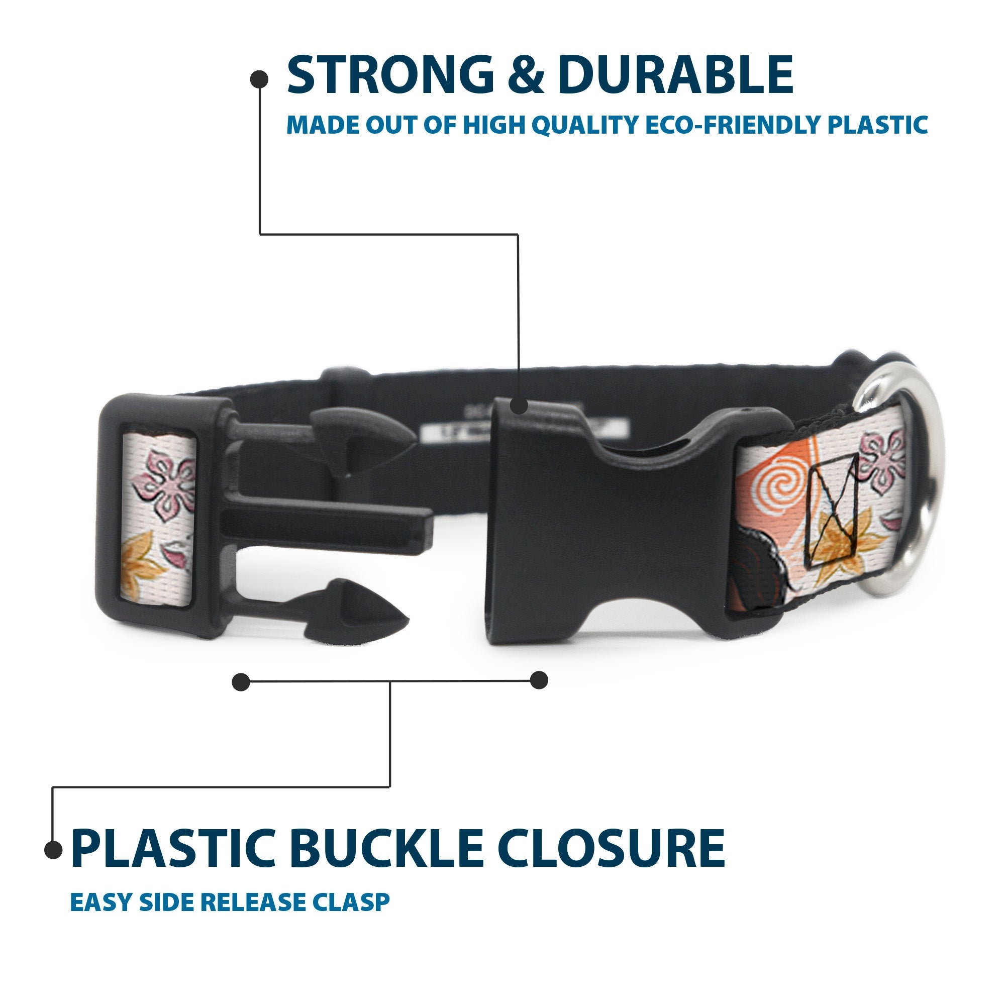 Plastic Clip Collar - Moana with Pua and Hei Hei Sail Pose with Script and Flowers Beige/Orange