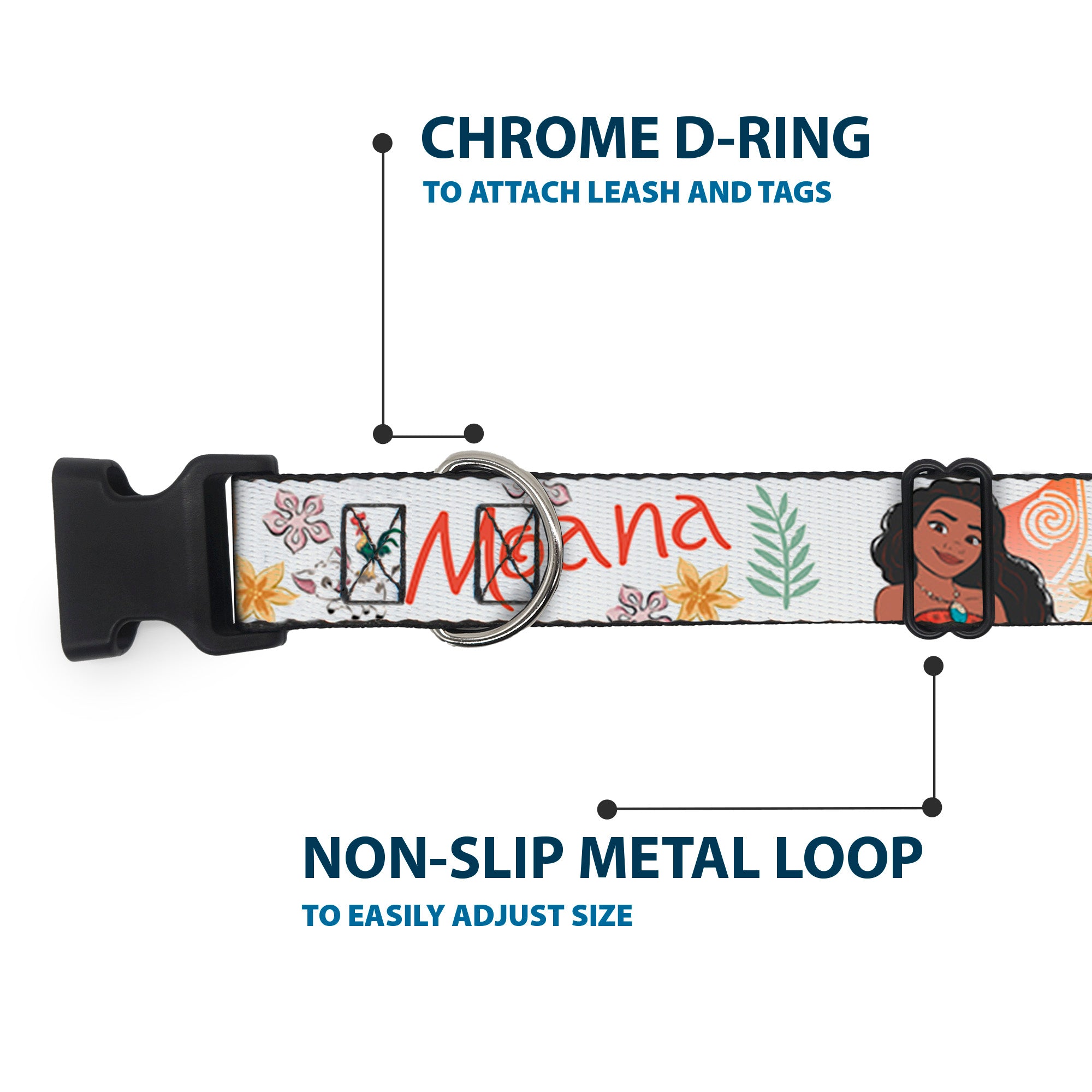 Plastic Clip Collar - Moana with Pua and Hei Hei Sail Pose with Script and Flowers Beige/Orange