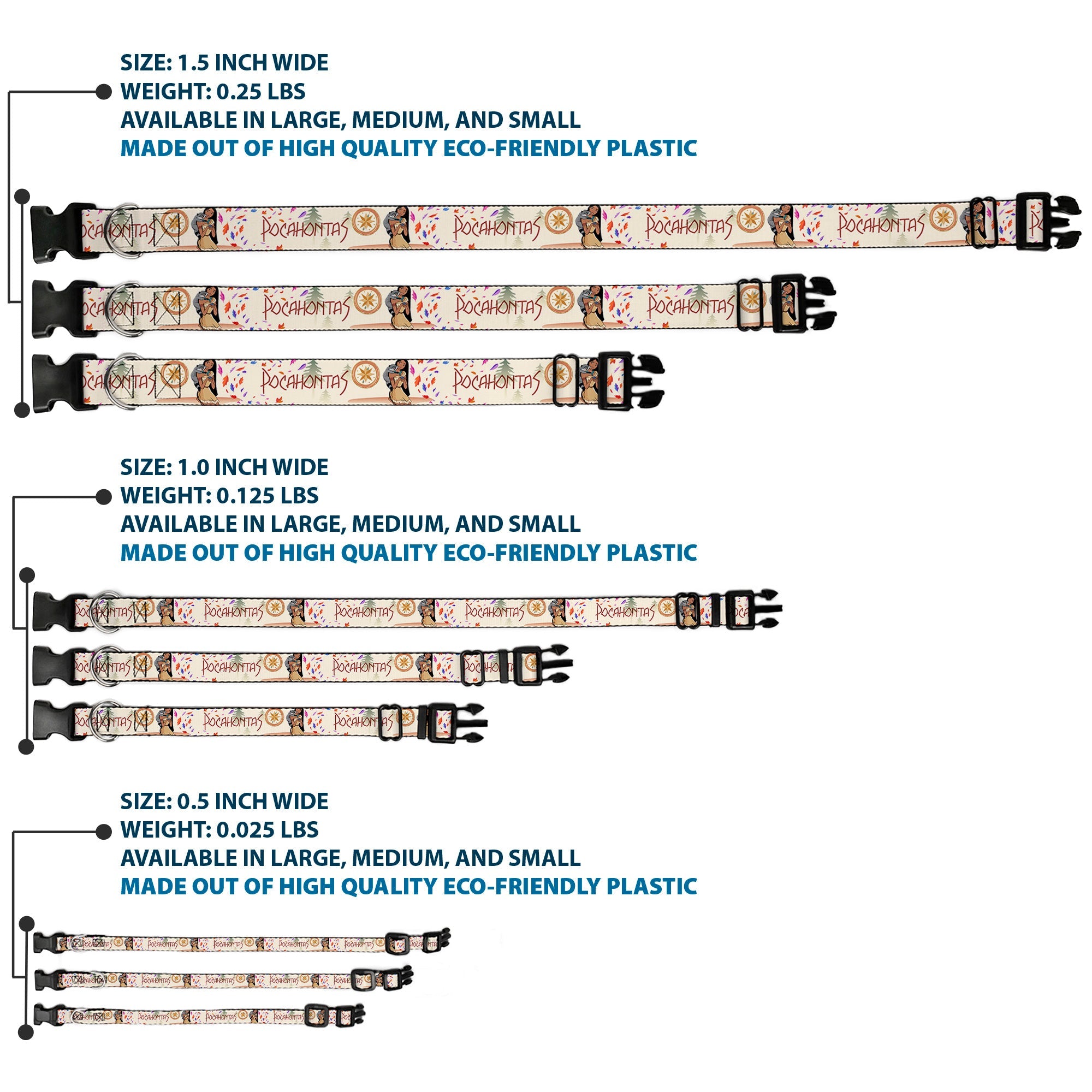 Plastic Clip Collar - Pocahontas and Meeko Compass Pose with Script and Leaves Beige