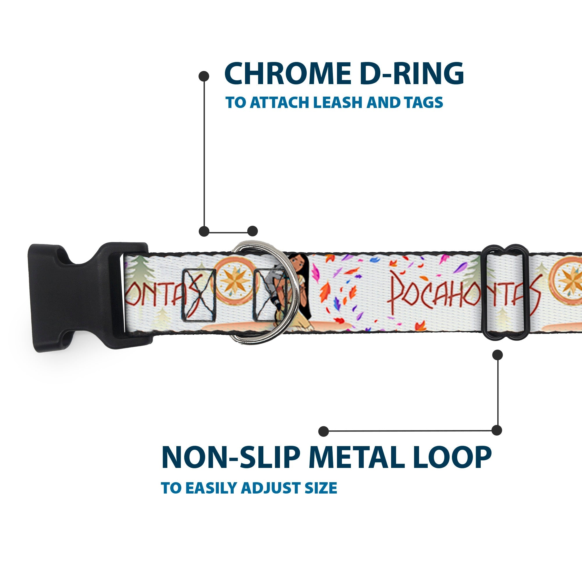 Plastic Clip Collar - Pocahontas and Meeko Compass Pose with Script and Leaves Beige