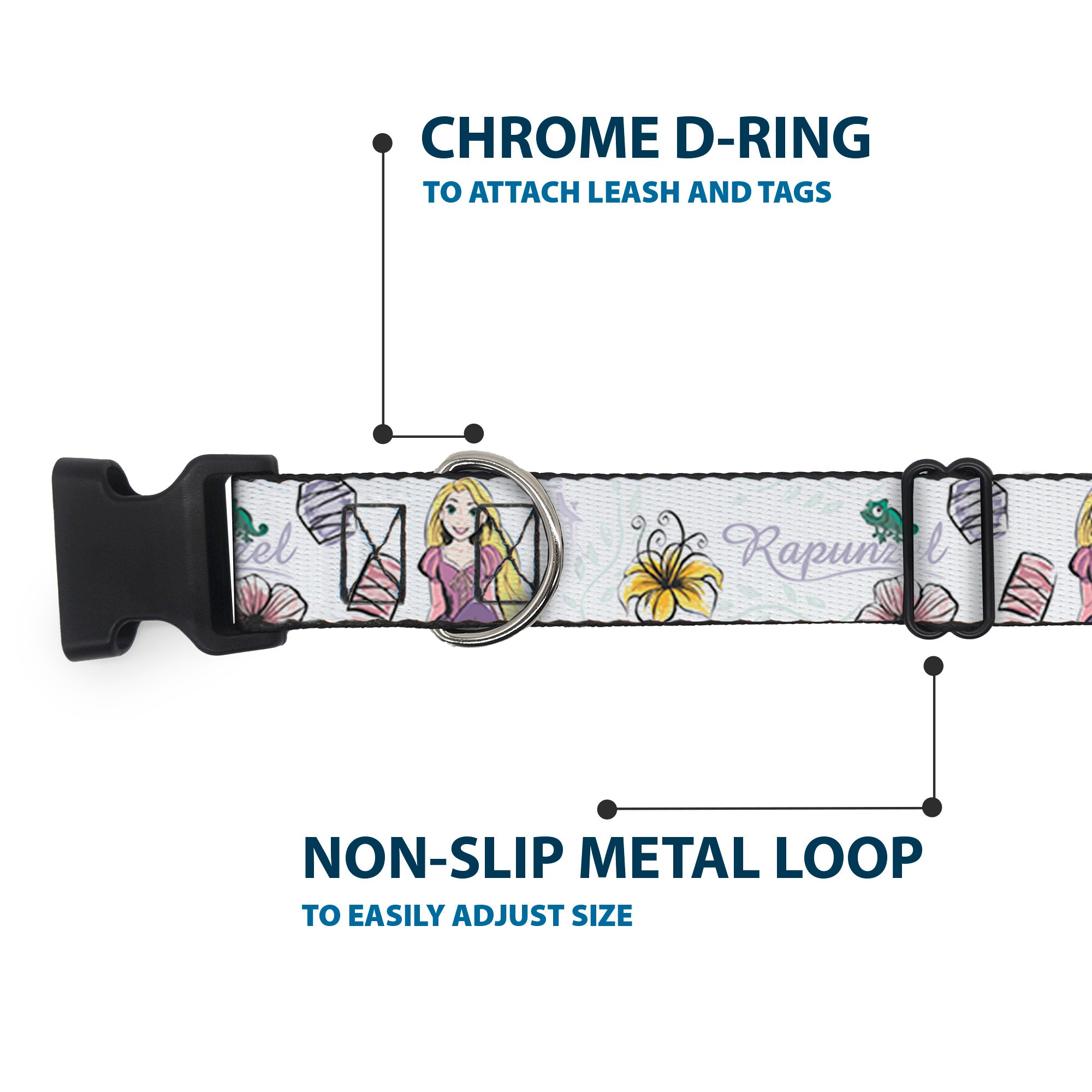 Plastic Clip Collar - Rapunzel Castle and Pascual Pose with Script and Flowers White/Purples