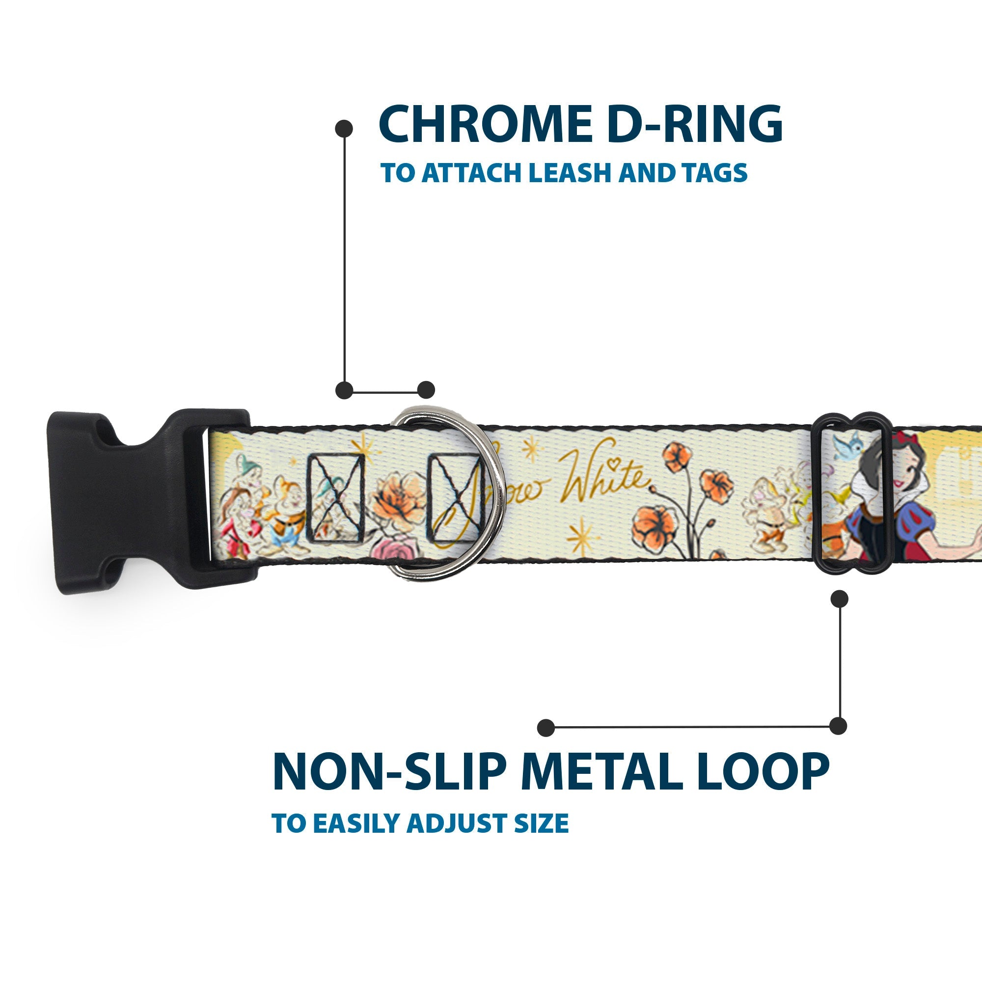 Plastic Clip Collar - Snow White and the Seven Dwarfs with Script and Flowers Yellows