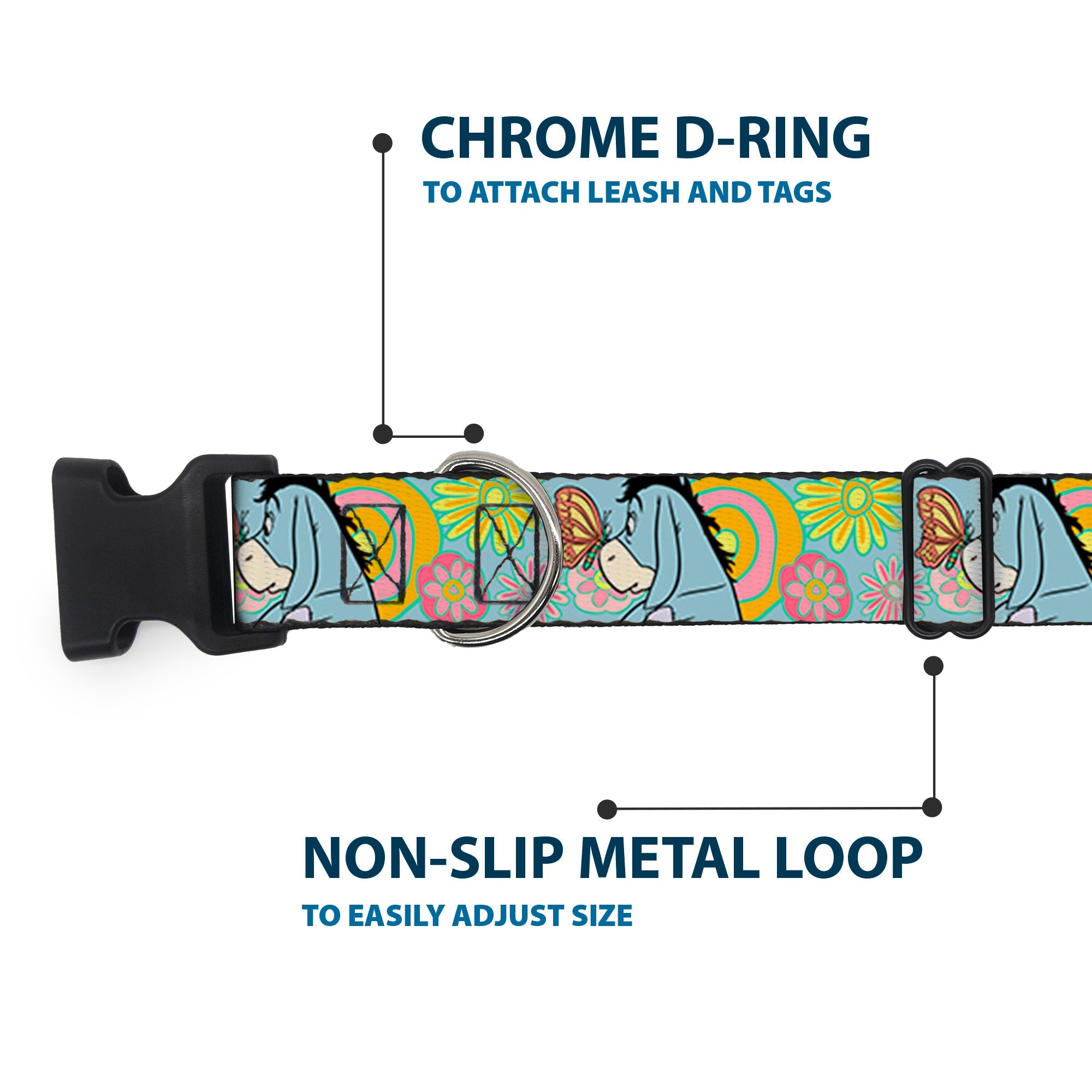 Plastic Clip Collar - Winnie the Pooh Eeyore Butterfly Pose Floral Collage Blue/Pinks/Yellows