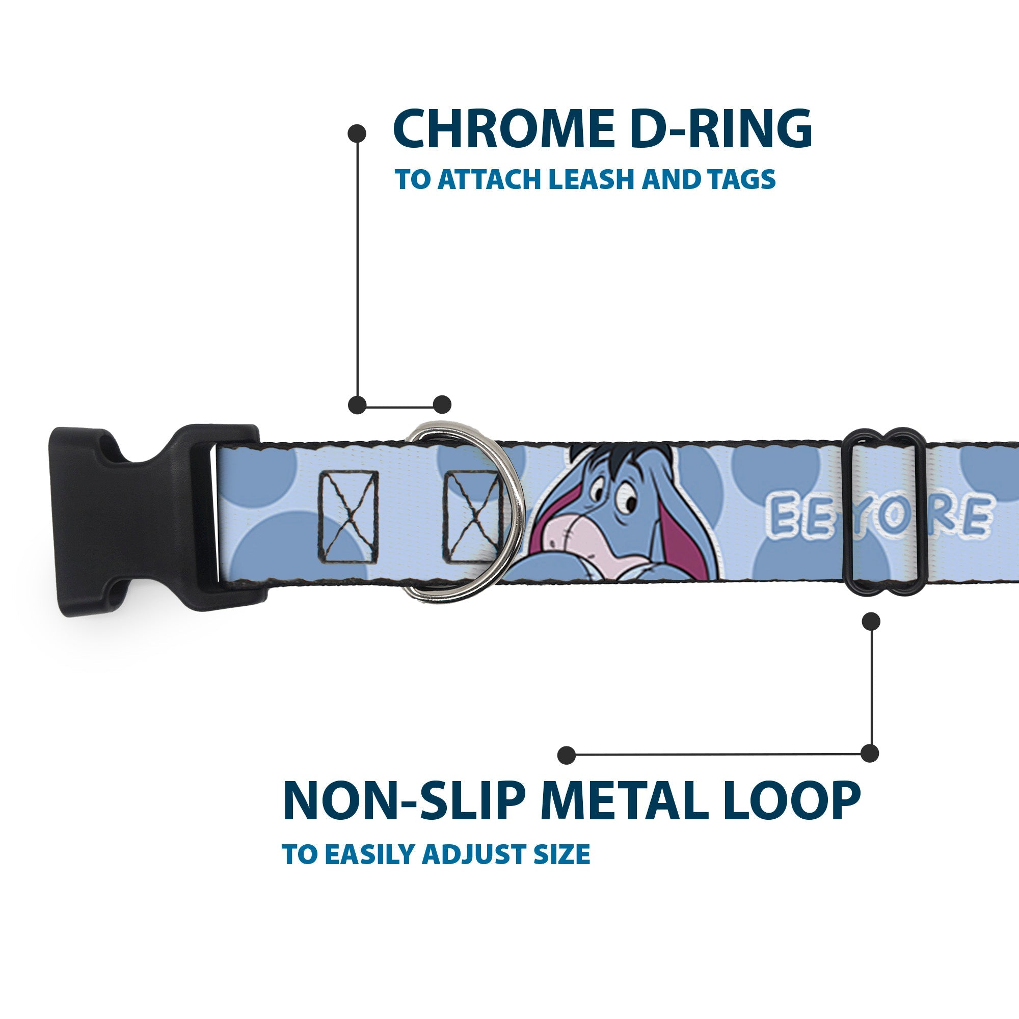 Plastic Clip Collar - Winnie the Pooh Eeyore Text and Expression Close-Up Dot Blues