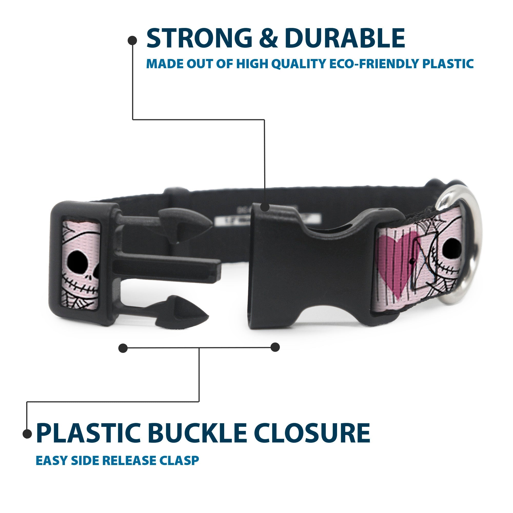 Plastic Clip Collar - The Nightmare Before Christmas Jack and Sally Doodles Pinks/Black