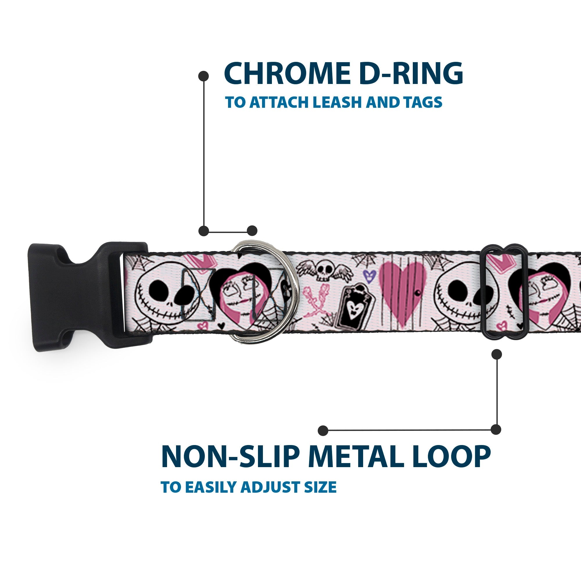 Plastic Clip Collar - The Nightmare Before Christmas Jack and Sally Doodles Pinks/Black
