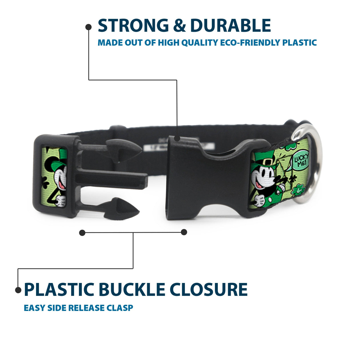Plastic Clip Collar - Mickey Mouse St. Patricks Day LUCKY ME Leprechaun Pose and Shamrocks Greens