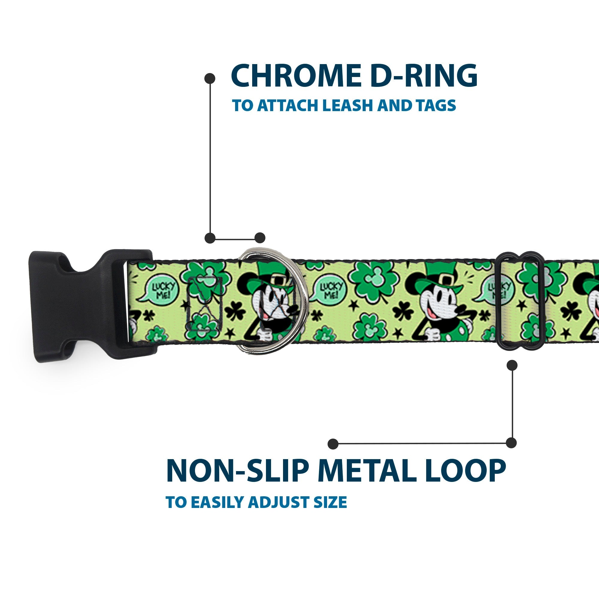 Plastic Clip Collar - Mickey Mouse St. Patricks Day LUCKY ME Leprechaun Pose and Shamrocks Greens