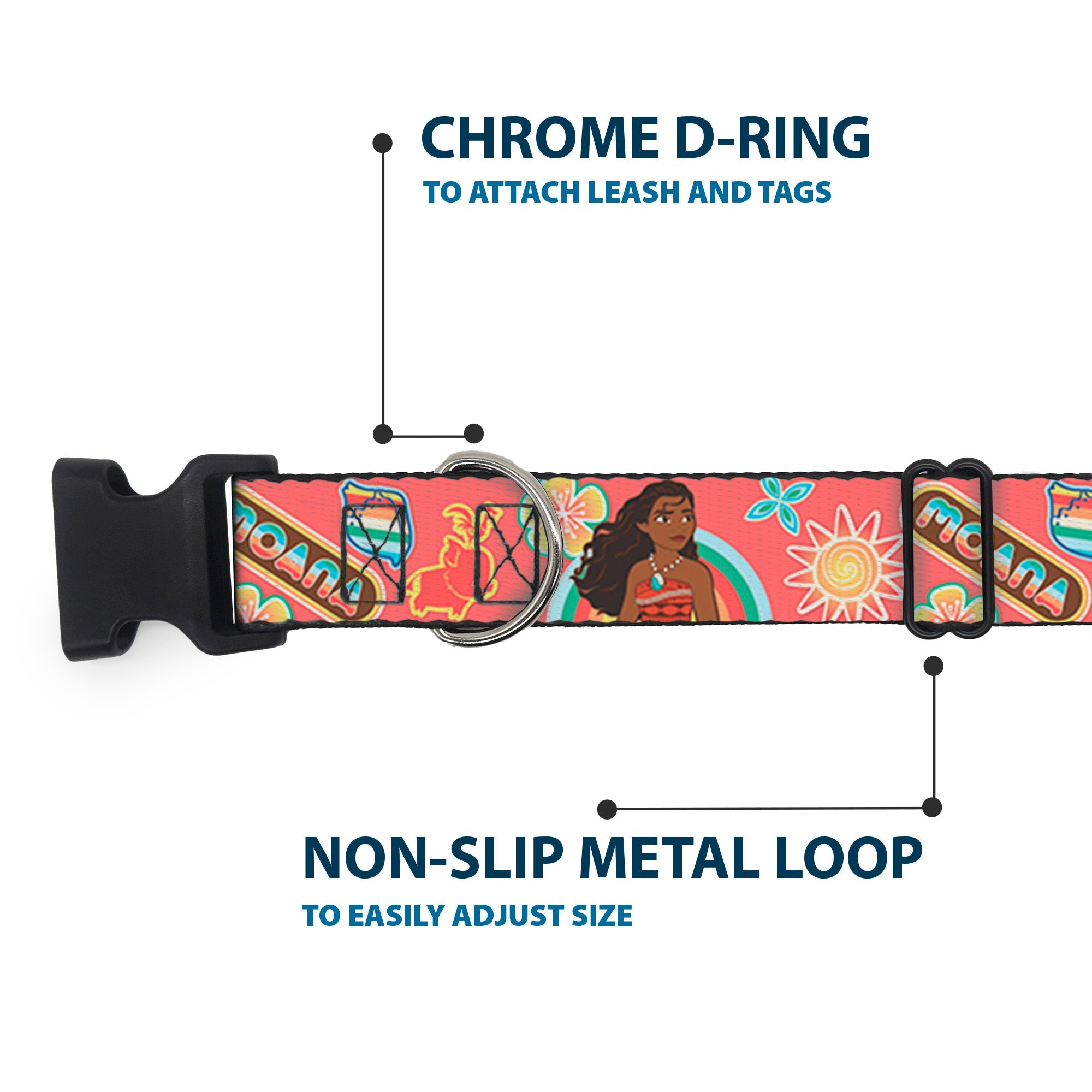 Plastic Clip Collar - Moana Pose and Icons Collage Pink