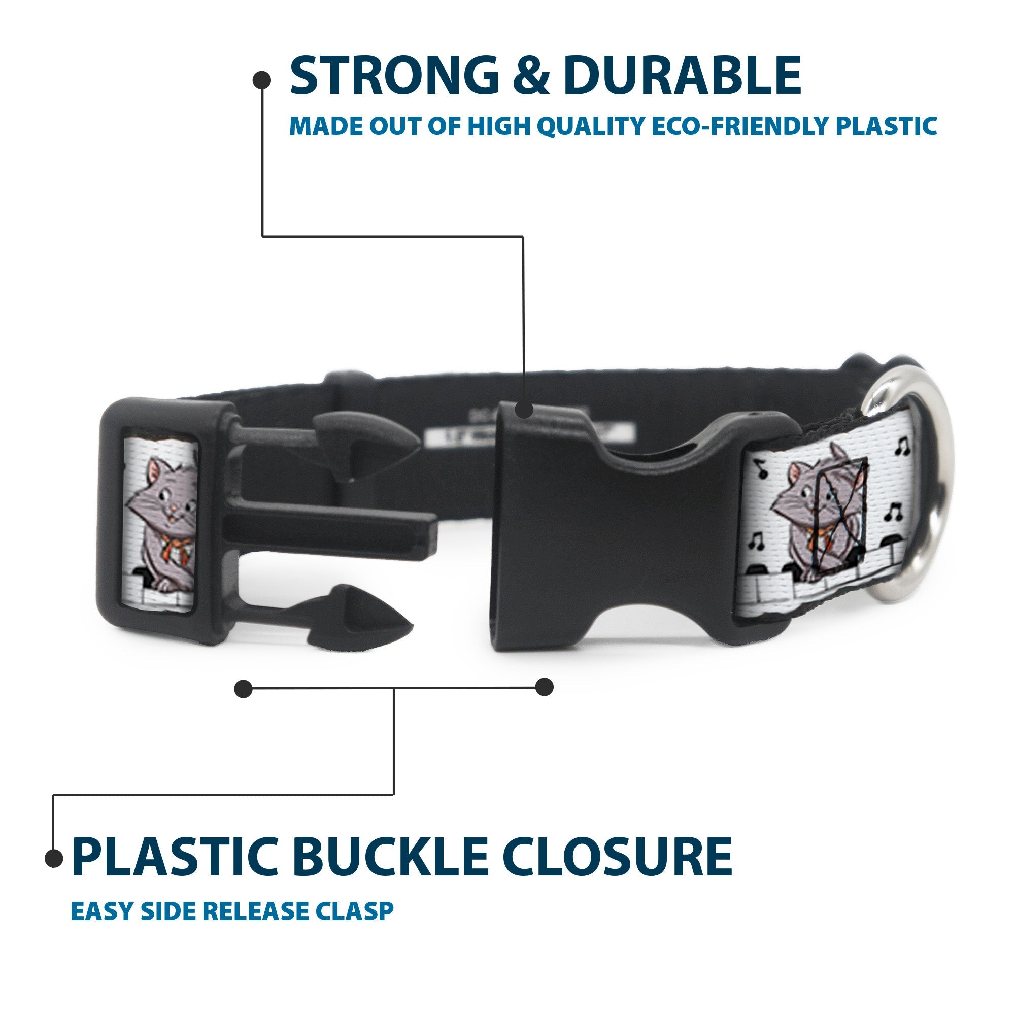 Plastic Clip Collar - Aristocats Toulouse and Berlioz Piano Pose and Musical Notes White/Black