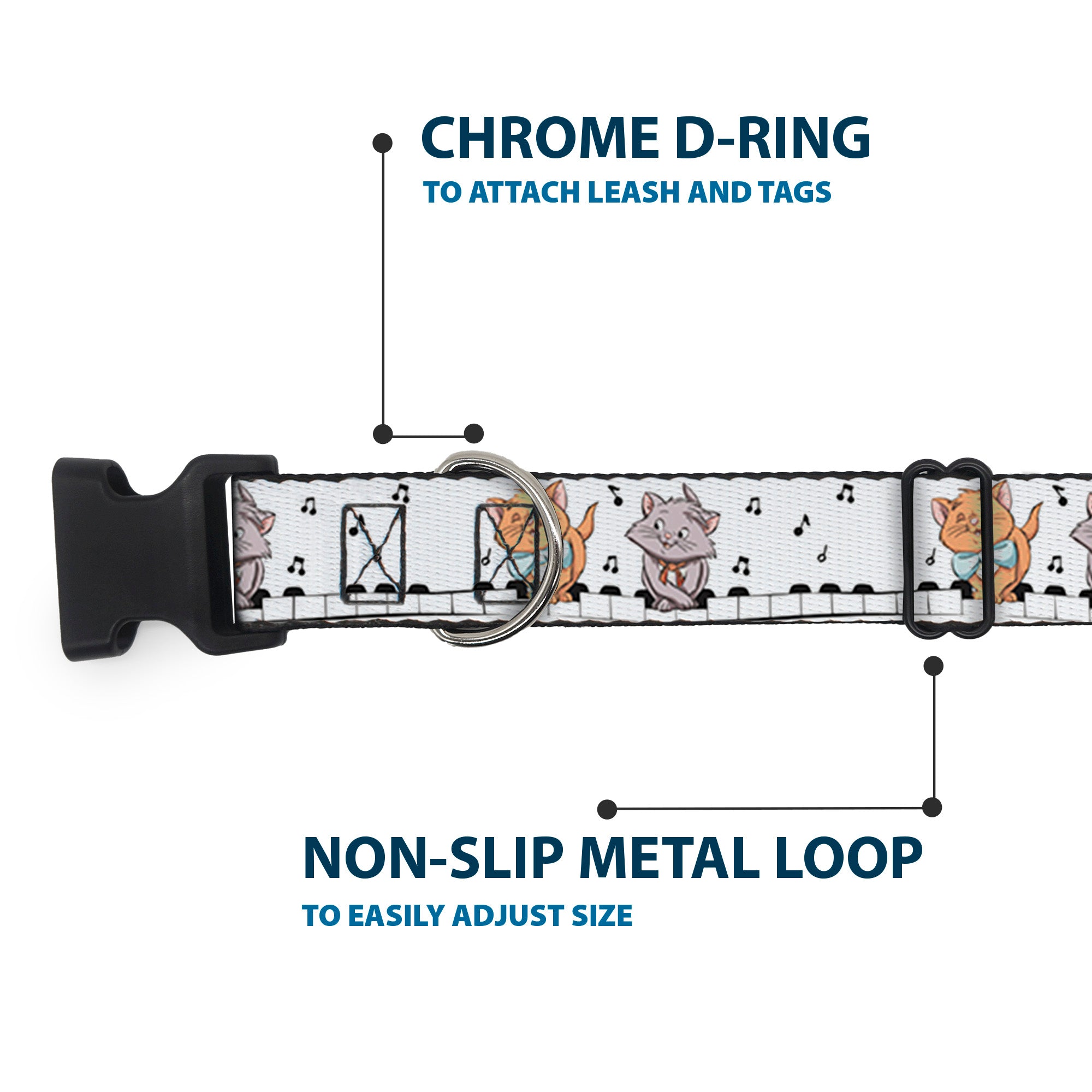 Plastic Clip Collar - Aristocats Toulouse and Berlioz Piano Pose and Musical Notes White/Black