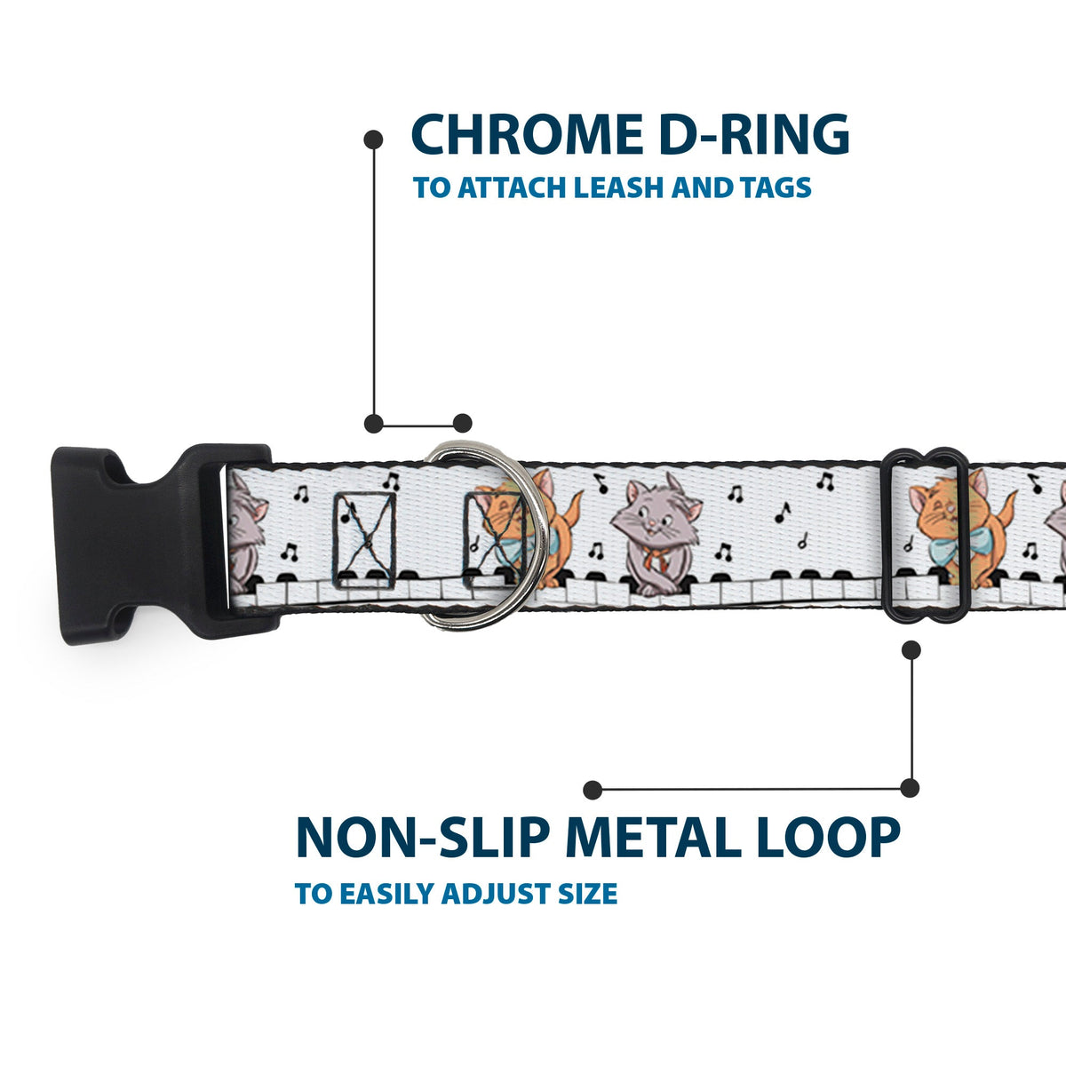 Plastic Clip Collar - Aristocats Toulouse and Berlioz Piano Pose and Musical Notes White/Black