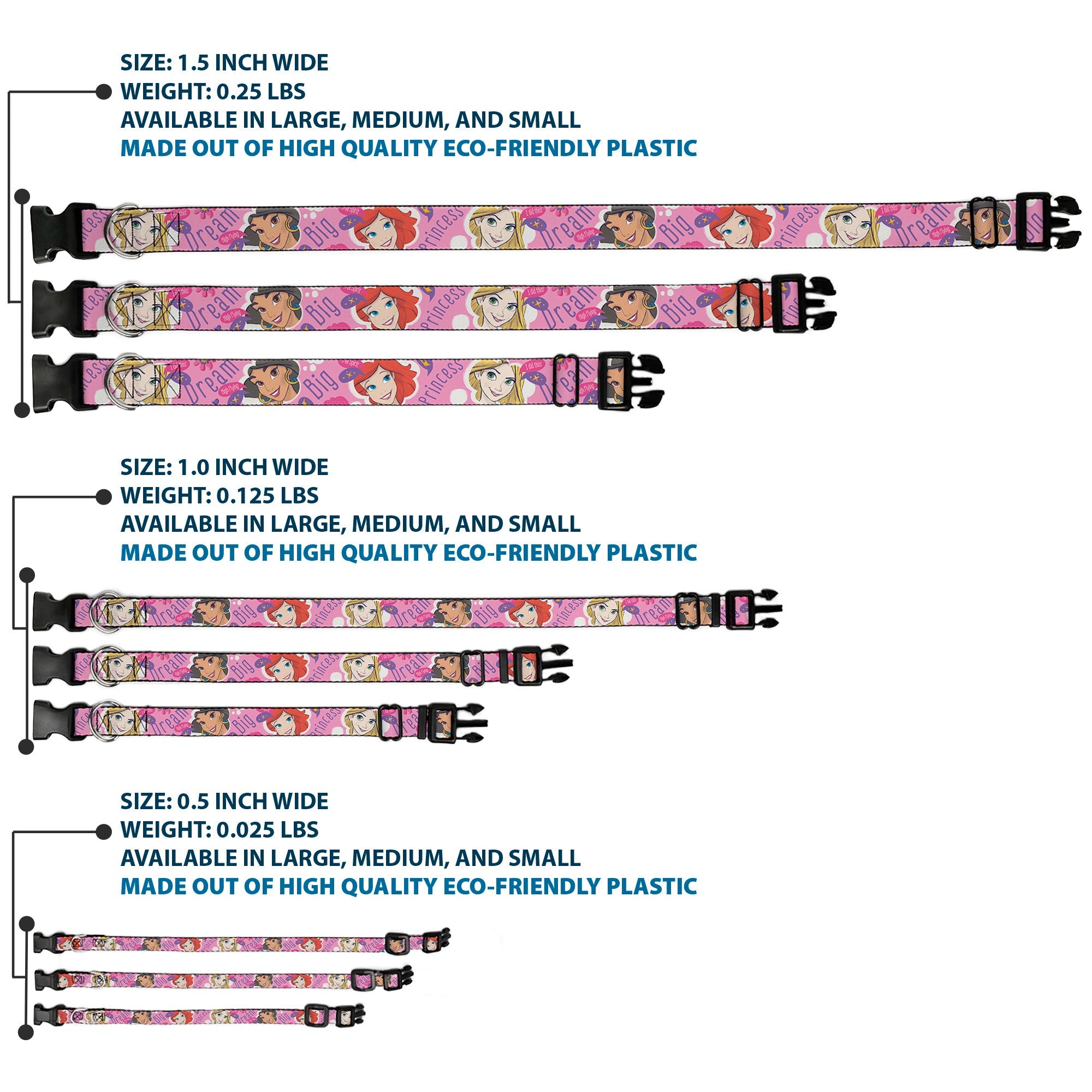 Plastic Clip Collar - Disney DREAM BIG PRINCESS Faces Pinks/Purples