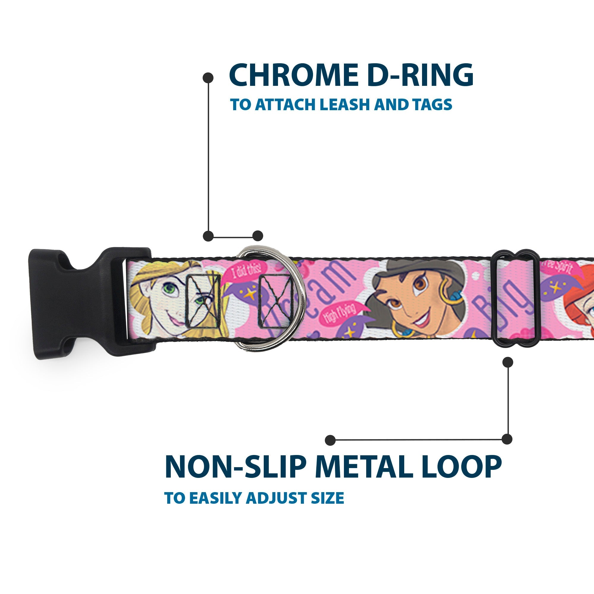 Plastic Clip Collar - Disney DREAM BIG PRINCESS Faces Pinks/Purples