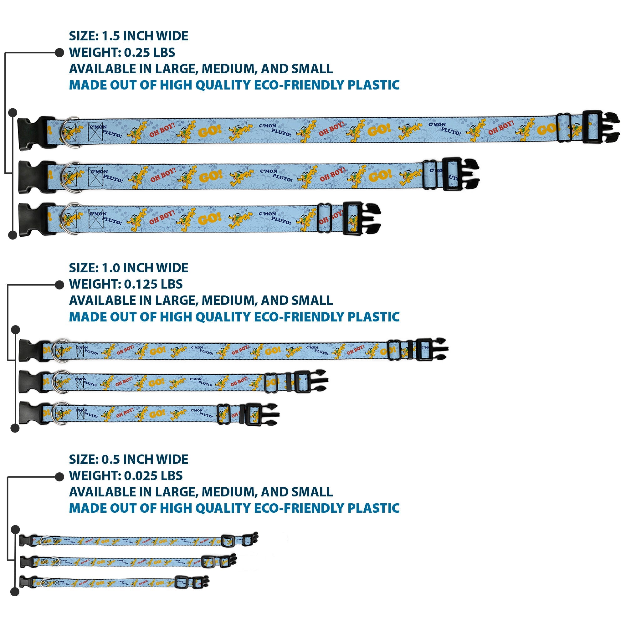 Plastic Clip Collar - Disney Pluto Poses and Quotes Blues/Red/Yellow
