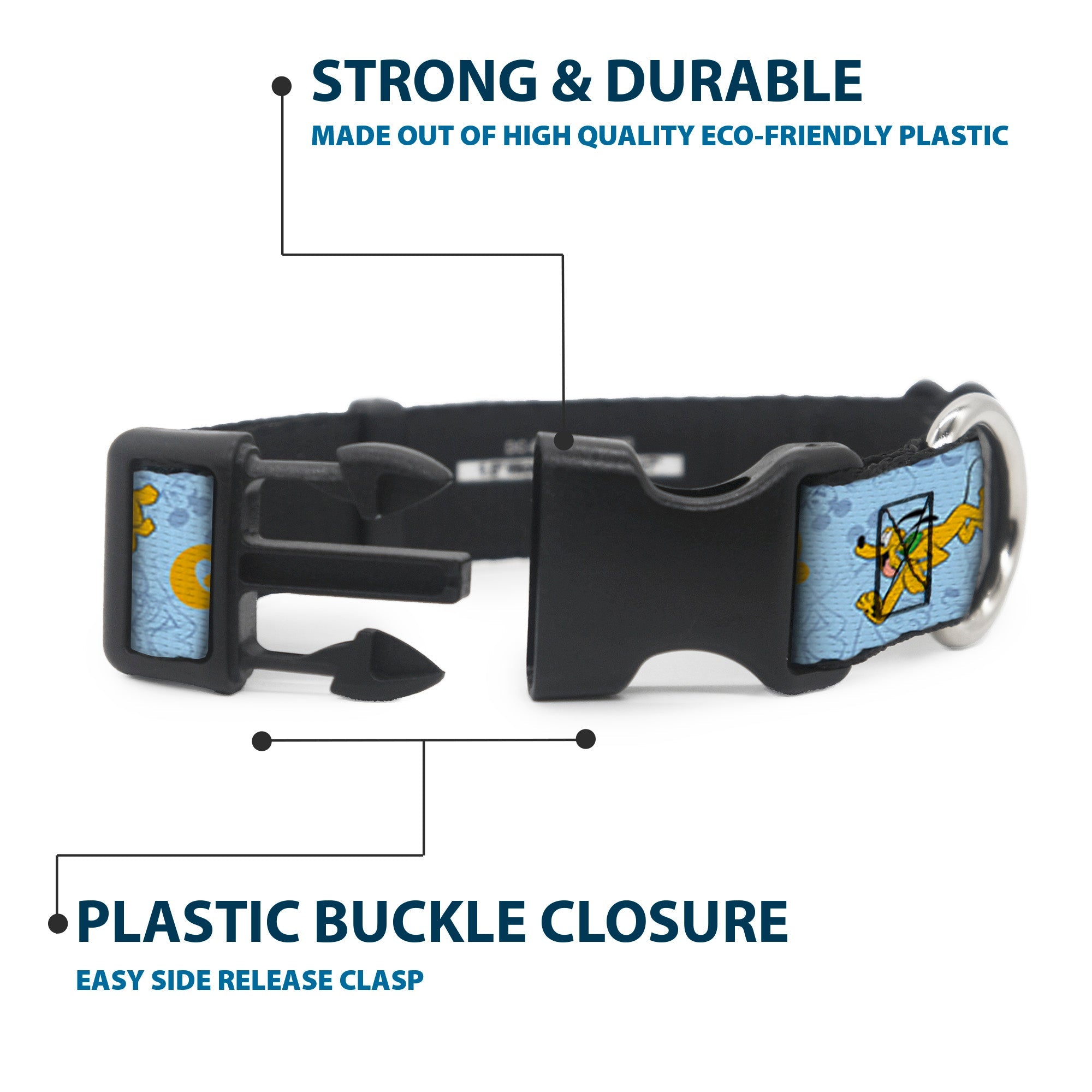 Plastic Clip Collar - Disney Pluto Poses and Quotes Blues/Red/Yellow