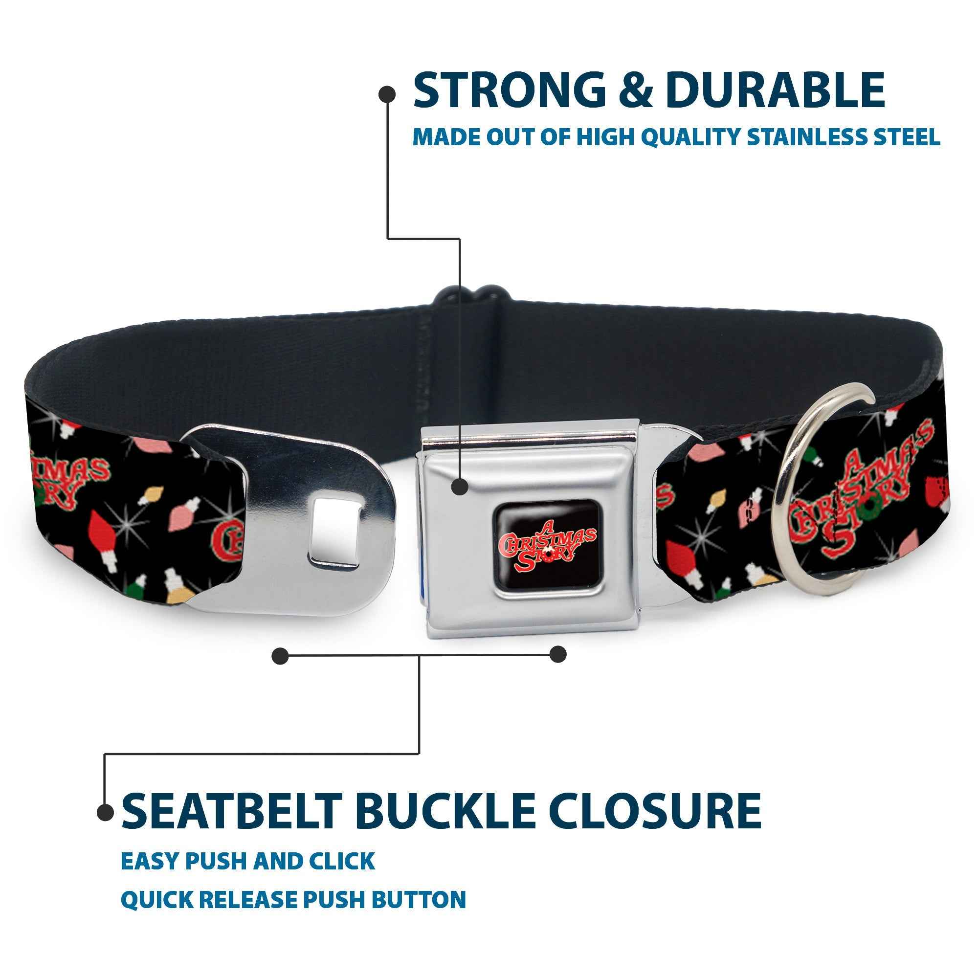 Buckle-Down A Christmas Story Wreath Logo Full Color Black/Red Seatbelt Buckle Dog Collar - A Christmas Story Title Logo and Lights Black/Reds