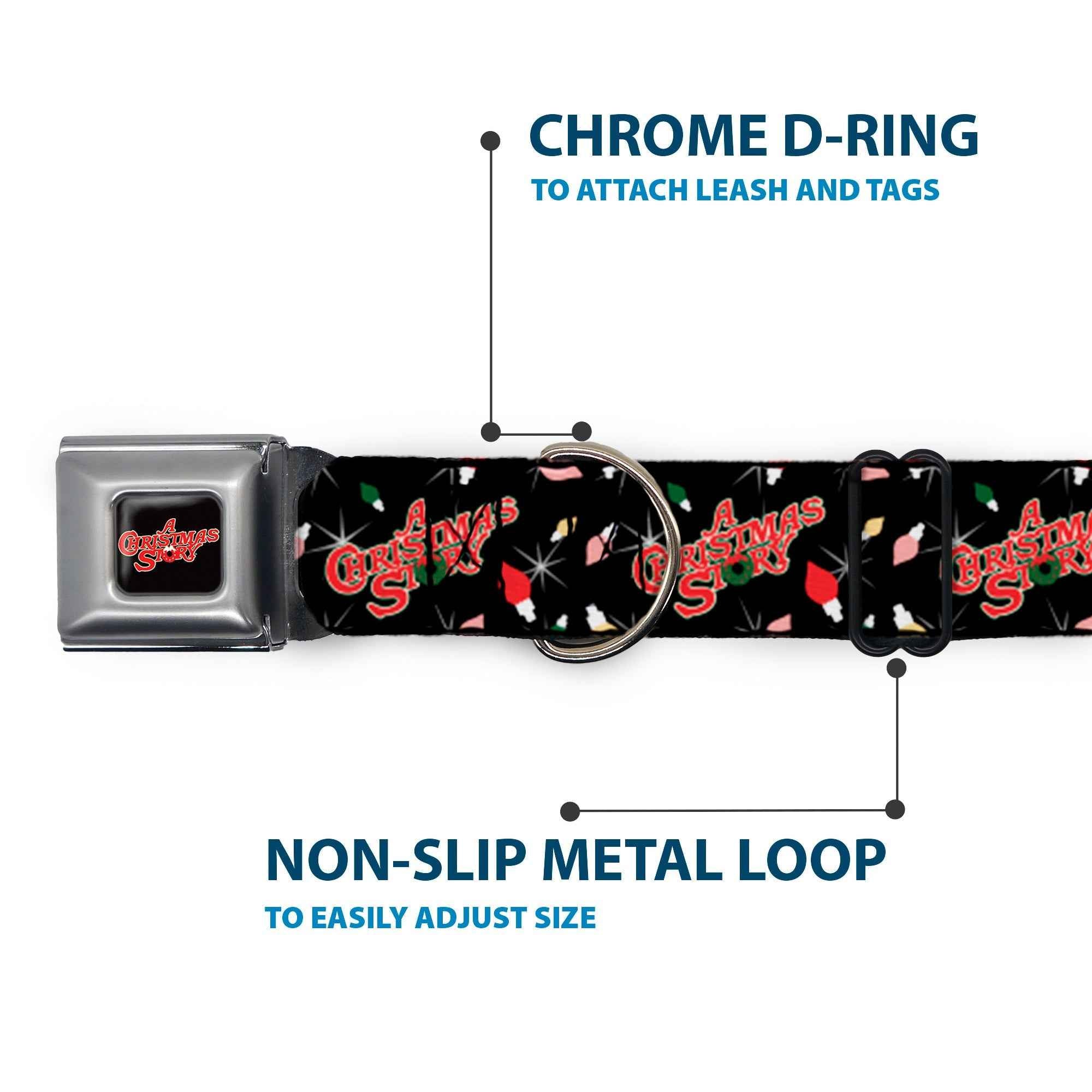 Buckle-Down A Christmas Story Wreath Logo Full Color Black/Red Seatbelt Buckle Dog Collar - A Christmas Story Title Logo and Lights Black/Reds