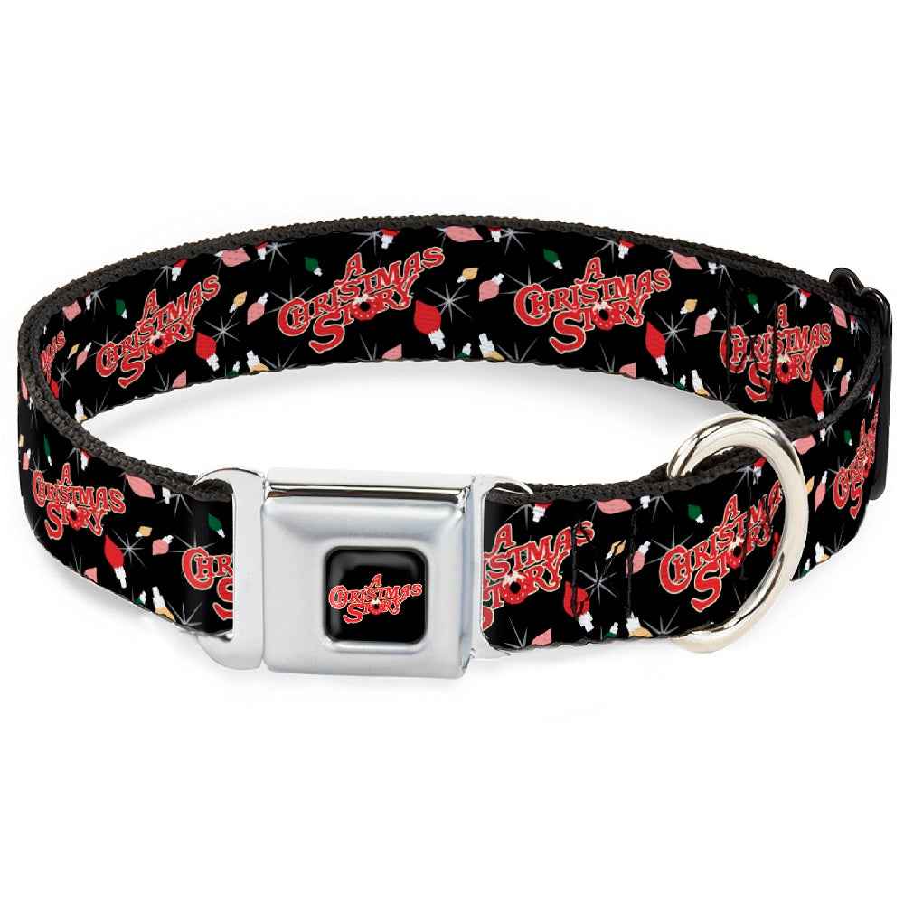 Buckle-Down A Christmas Story Wreath Logo Full Color Black/Red Seatbelt Buckle Dog Collar - A Christmas Story Title Logo and Lights Black/Reds