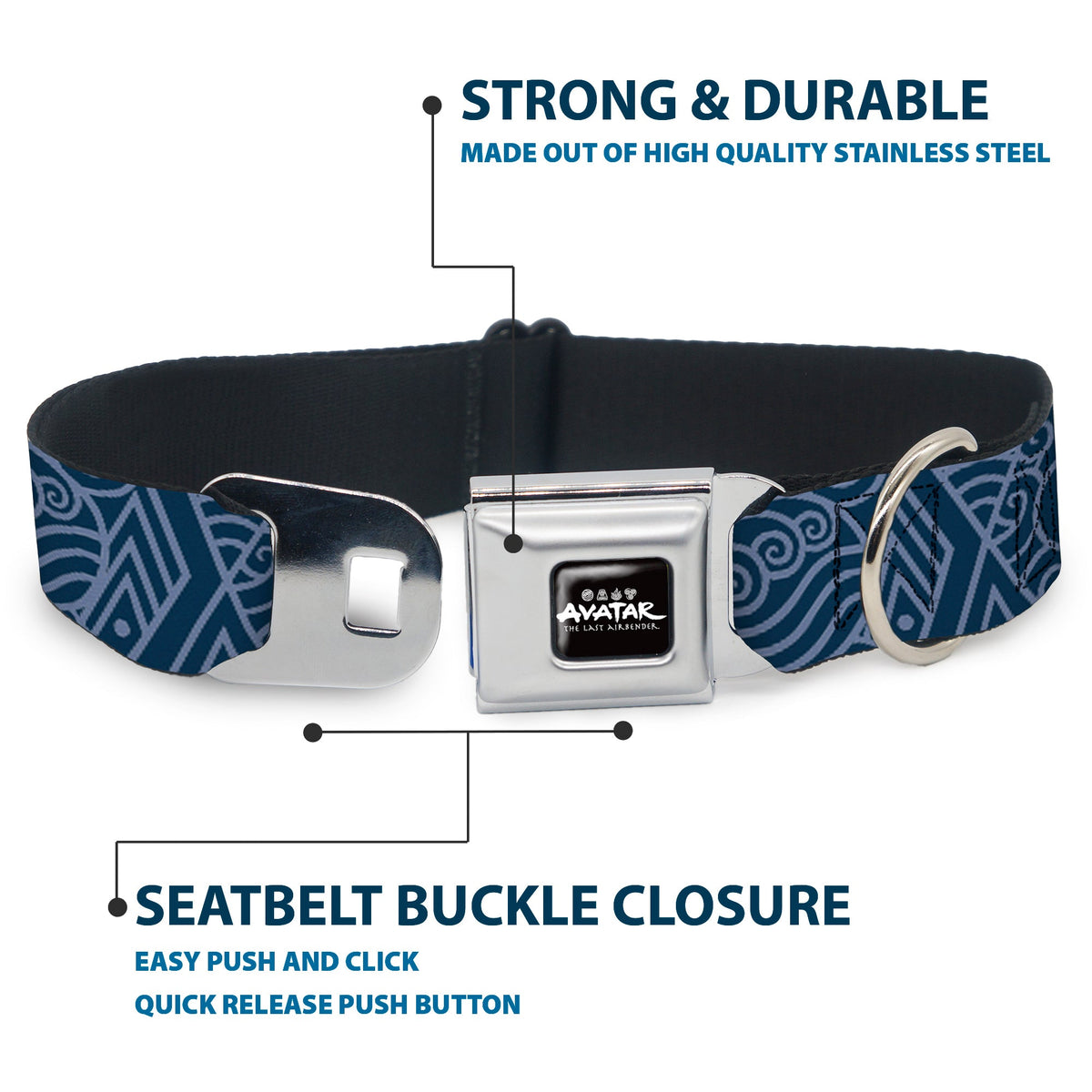 AVATAR LAST AIRBENDER Title Logo Full Color Black/White Seatbelt Buckle Collar - Avatar Last Airbender Water Element Symbol Blues
