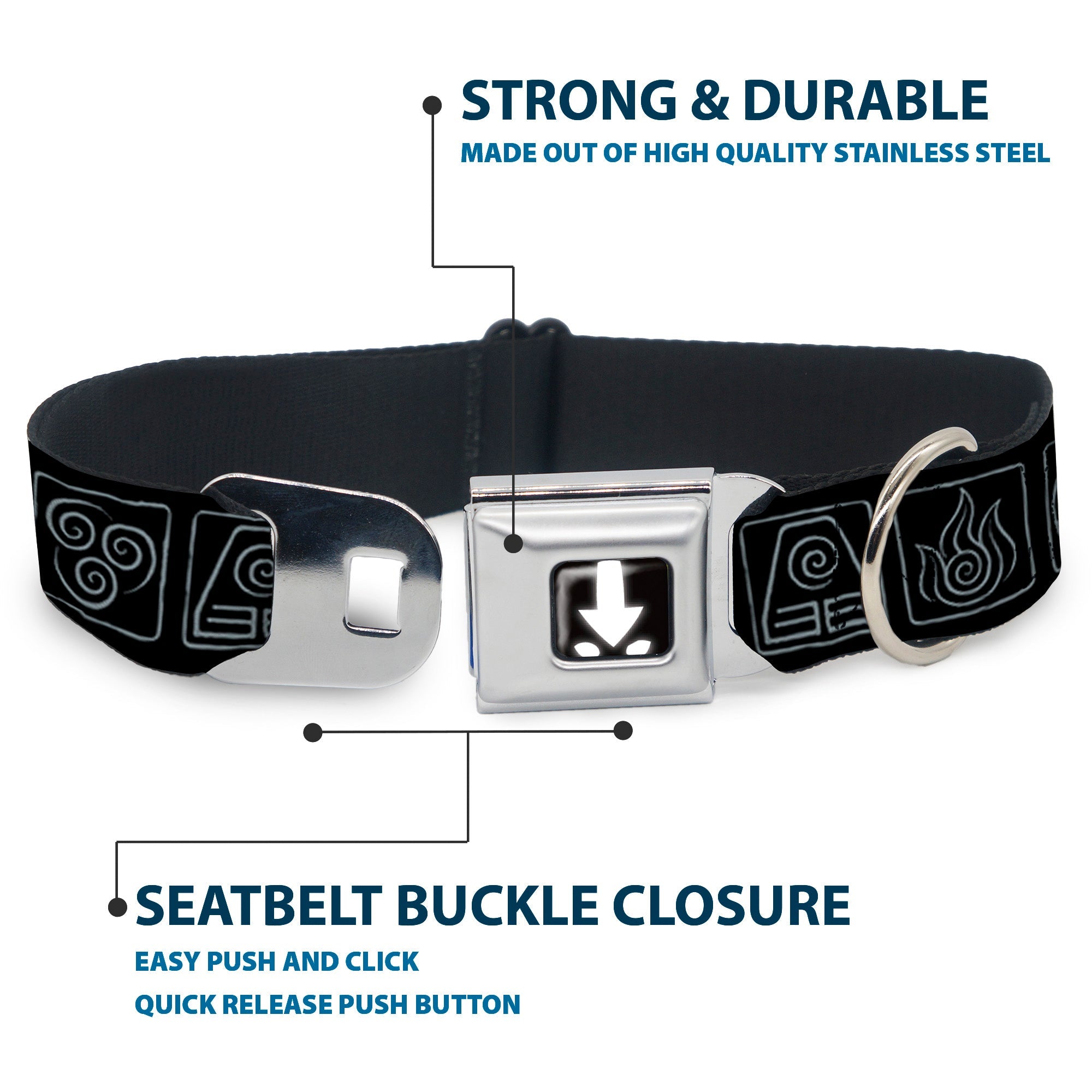 Avatar the Last Airbender Aang Glowing Arrow/Eyes Full Color Black/White Seatbelt Buckle Collar - Avatar the Last Airbender Bending Elements Icons Black/Gray