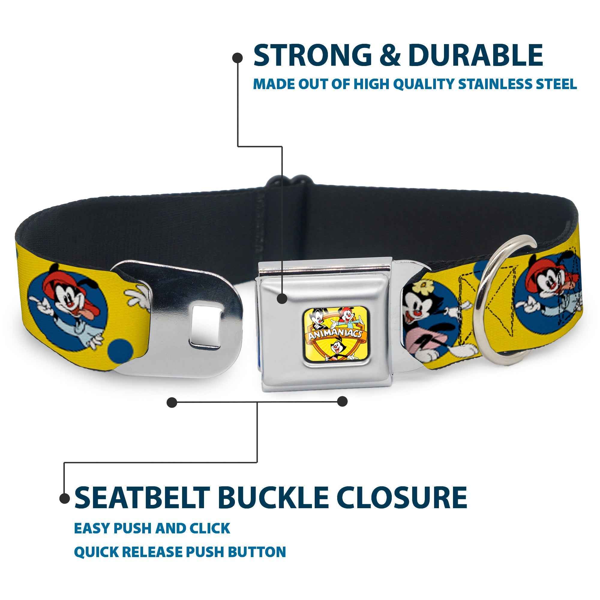 Buckle-Down Animaniacs Title Logo Full Color Yellow Seatbelt Buckle Dog Collar - Animaniacs Yakko Wakko and Dot Poses Yellow/Blue