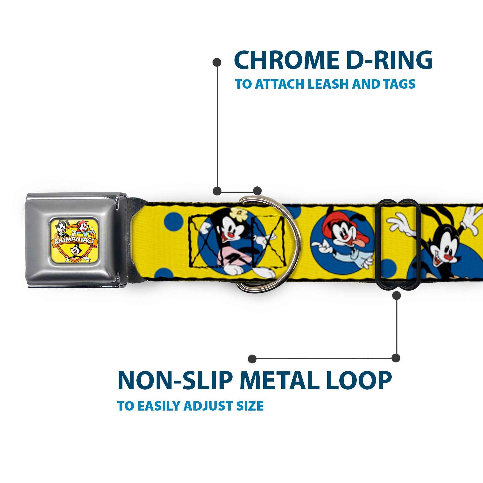 Buckle-Down Animaniacs Title Logo Full Color Yellow Seatbelt Buckle Dog Collar - Animaniacs Yakko Wakko and Dot Poses Yellow/Blue