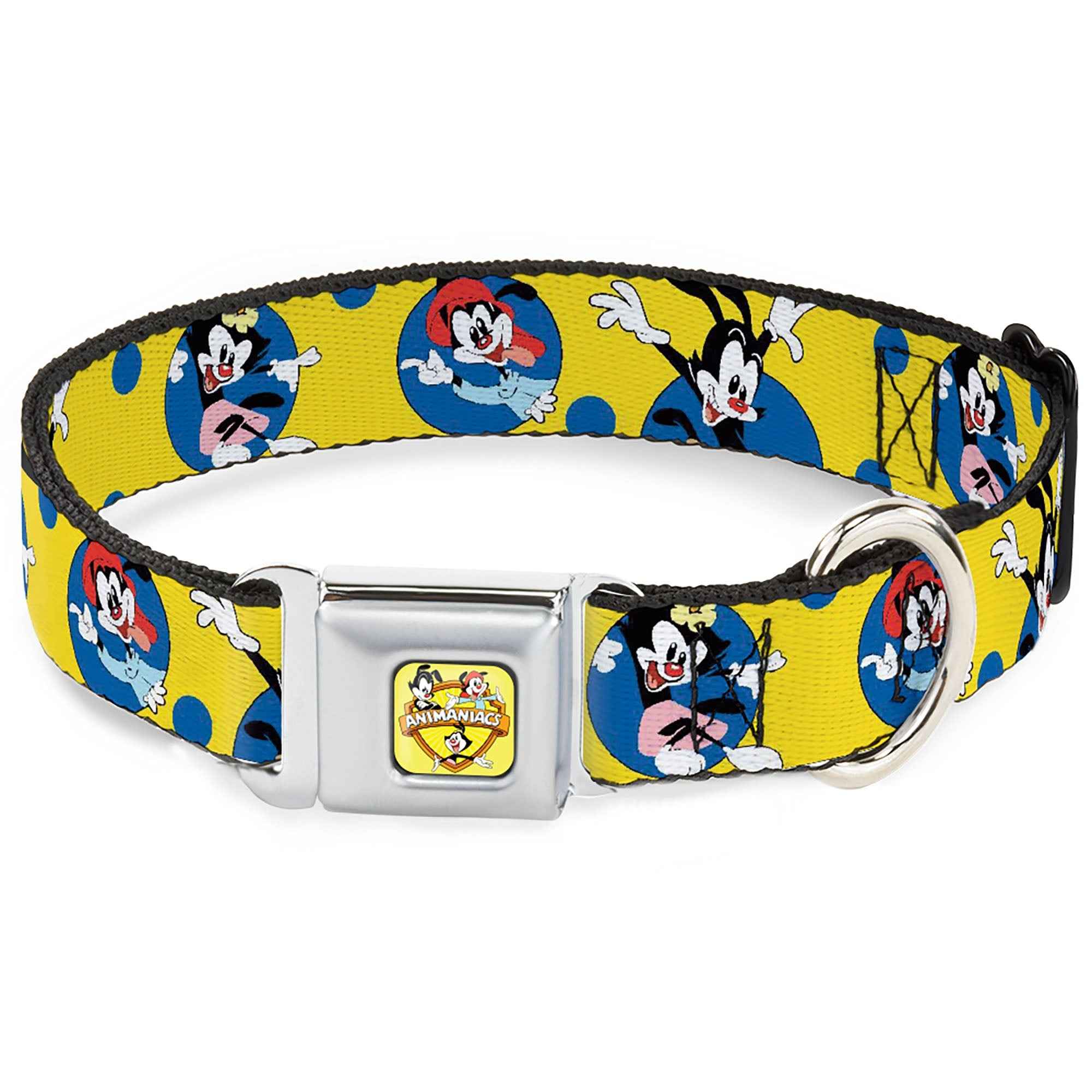 Buckle-Down Animaniacs Title Logo Full Color Yellow Seatbelt Buckle Dog Collar - Animaniacs Yakko Wakko and Dot Poses Yellow/Blue