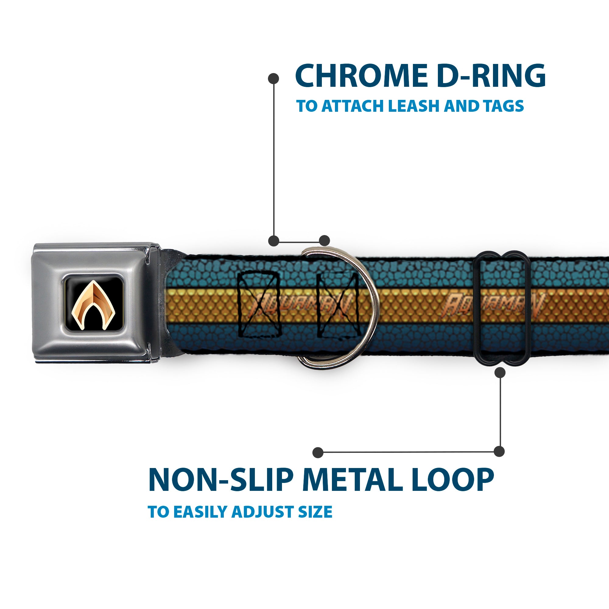 Aquaman 2017 Icon Black/Golds Seatbelt Buckle Collar - AQUAMAN Scales Stripe Blues/Golds