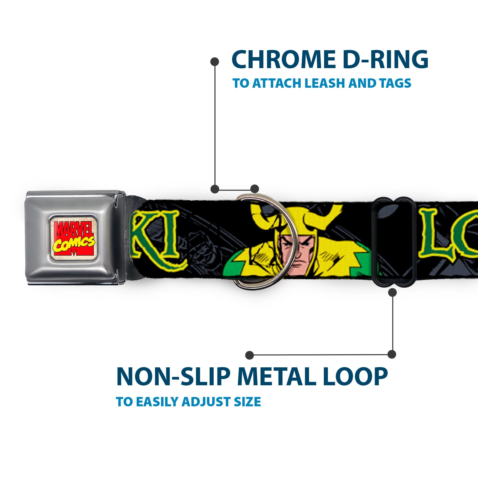 MARVEL COMICS Marvel Comics Logo Full Color Seatbelt Buckle Collar - LOKI in Action Black/Gray/Yellow/Green