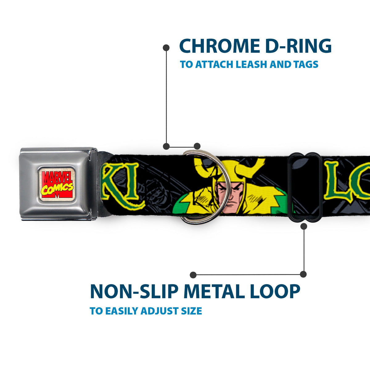 MARVEL COMICS Marvel Comics Logo Full Color Seatbelt Buckle Collar - LOKI in Action Black/Gray/Yellow/Green