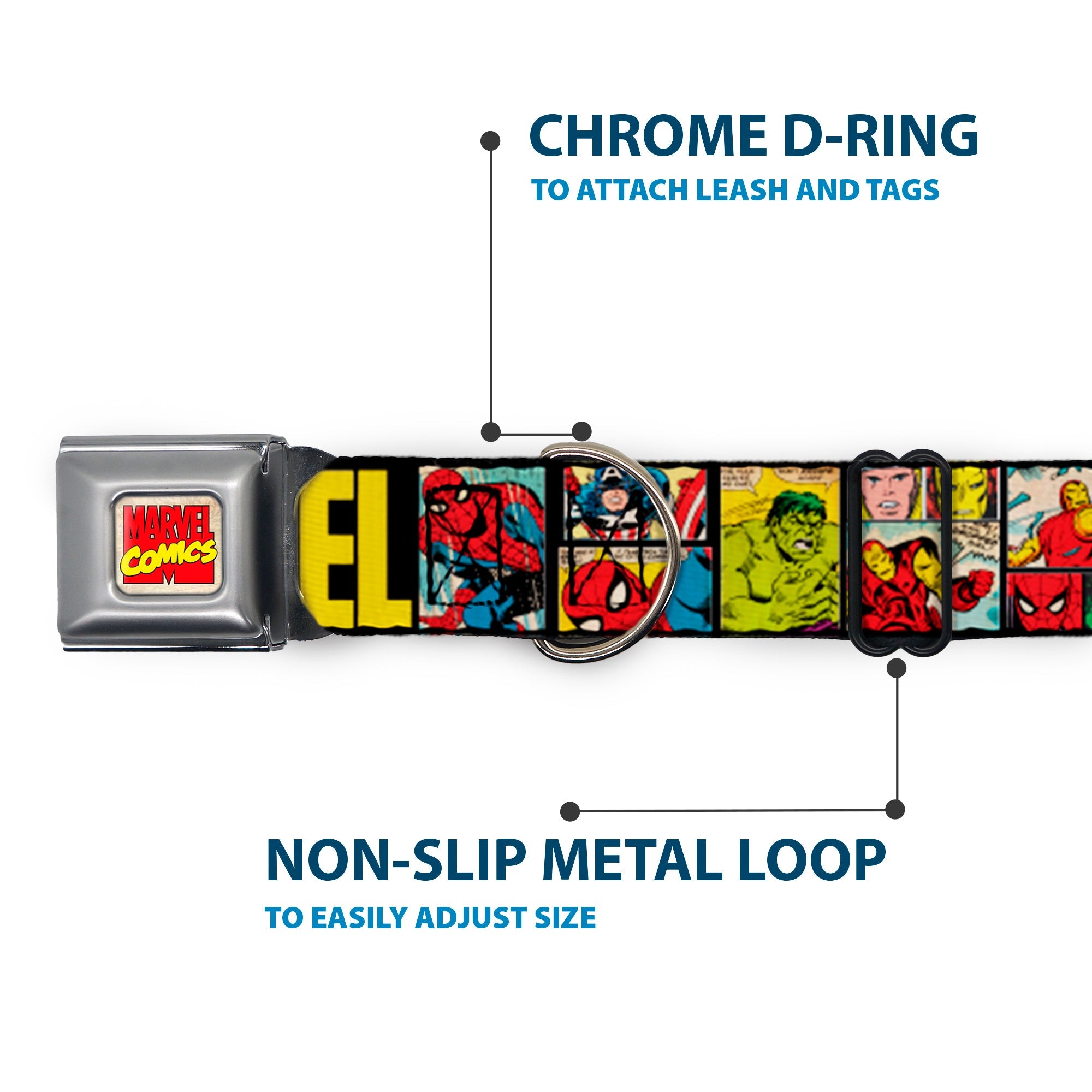 MARVEL COMICS Marvel Comics Logo Full Color Seatbelt Buckle Collar - MARVEL/Retro Comic Panels Black/Yellow