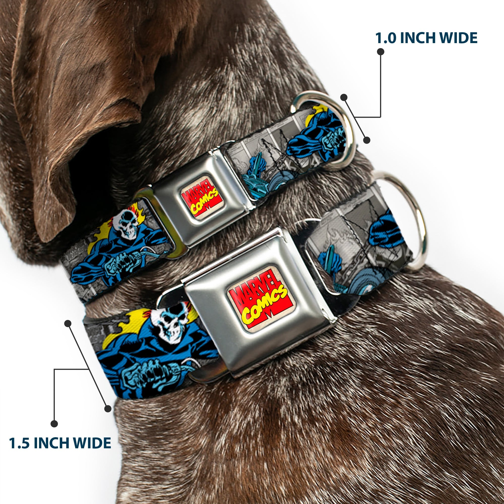 Marvel Comics Logo Full Color Seatbelt Buckle Collar - Classic GHOST RIDER 3-Riding Poses/Comic Blocks Grays/Yellow/Black/Red