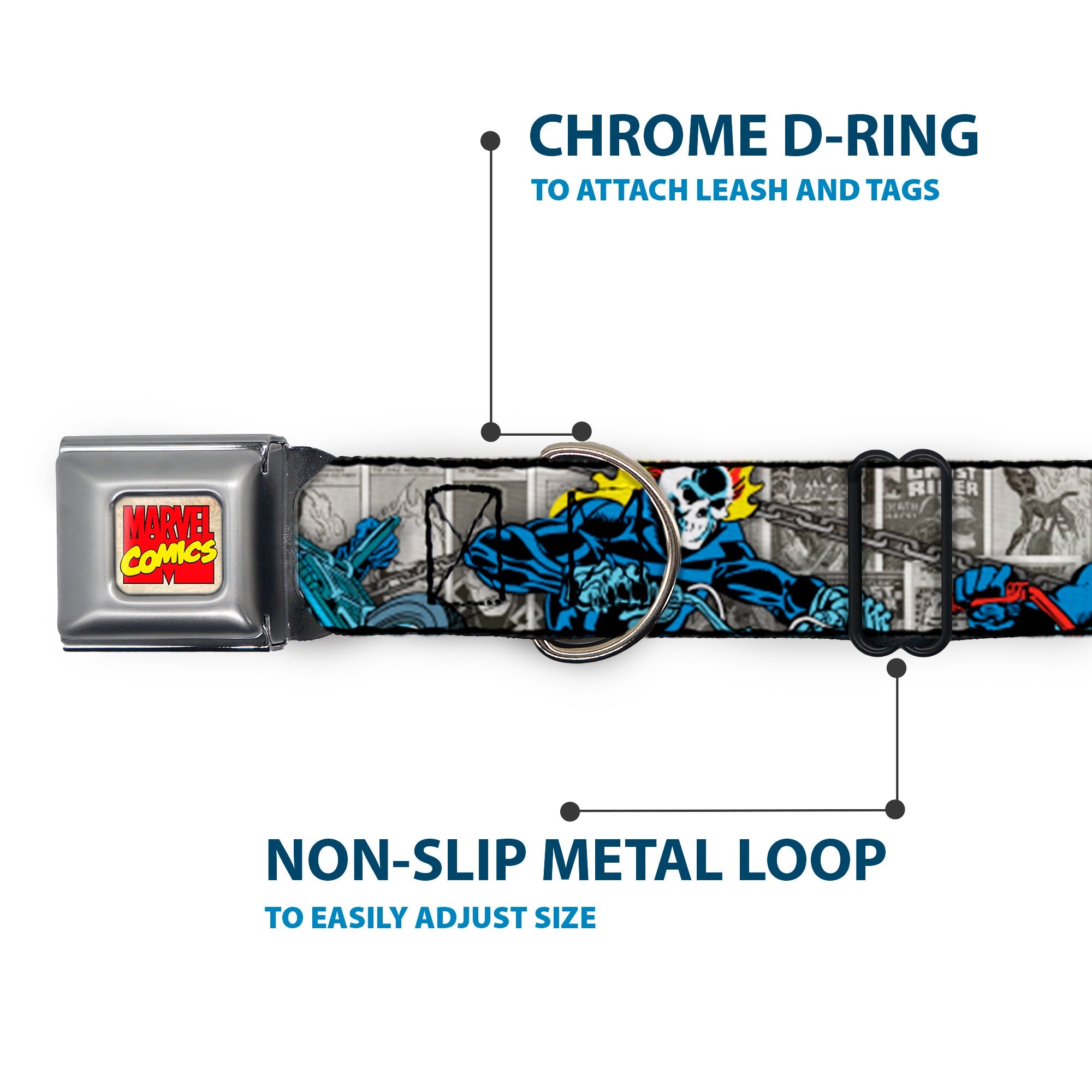 Marvel Comics Logo Full Color Seatbelt Buckle Collar - Classic GHOST RIDER 3-Riding Poses/Comic Blocks Grays/Yellow/Black/Red