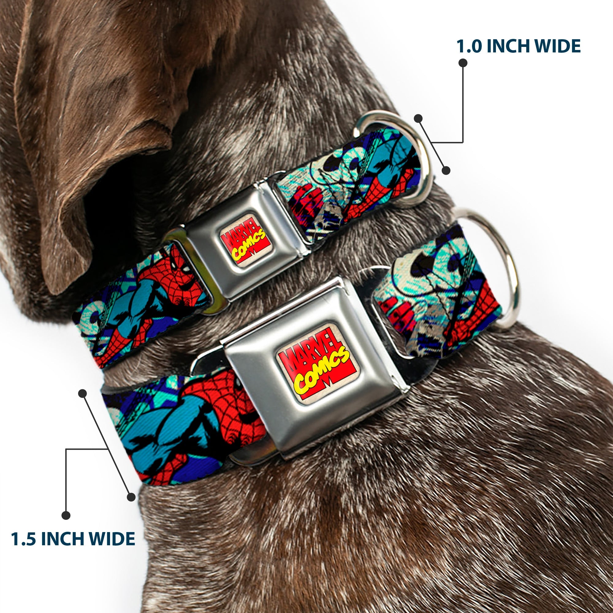 Marvel Comics Logo Full Color Seatbelt Buckle Collar - 4-Superhero Action Poses/Comic Scenes White/Black/Full Color Splatter