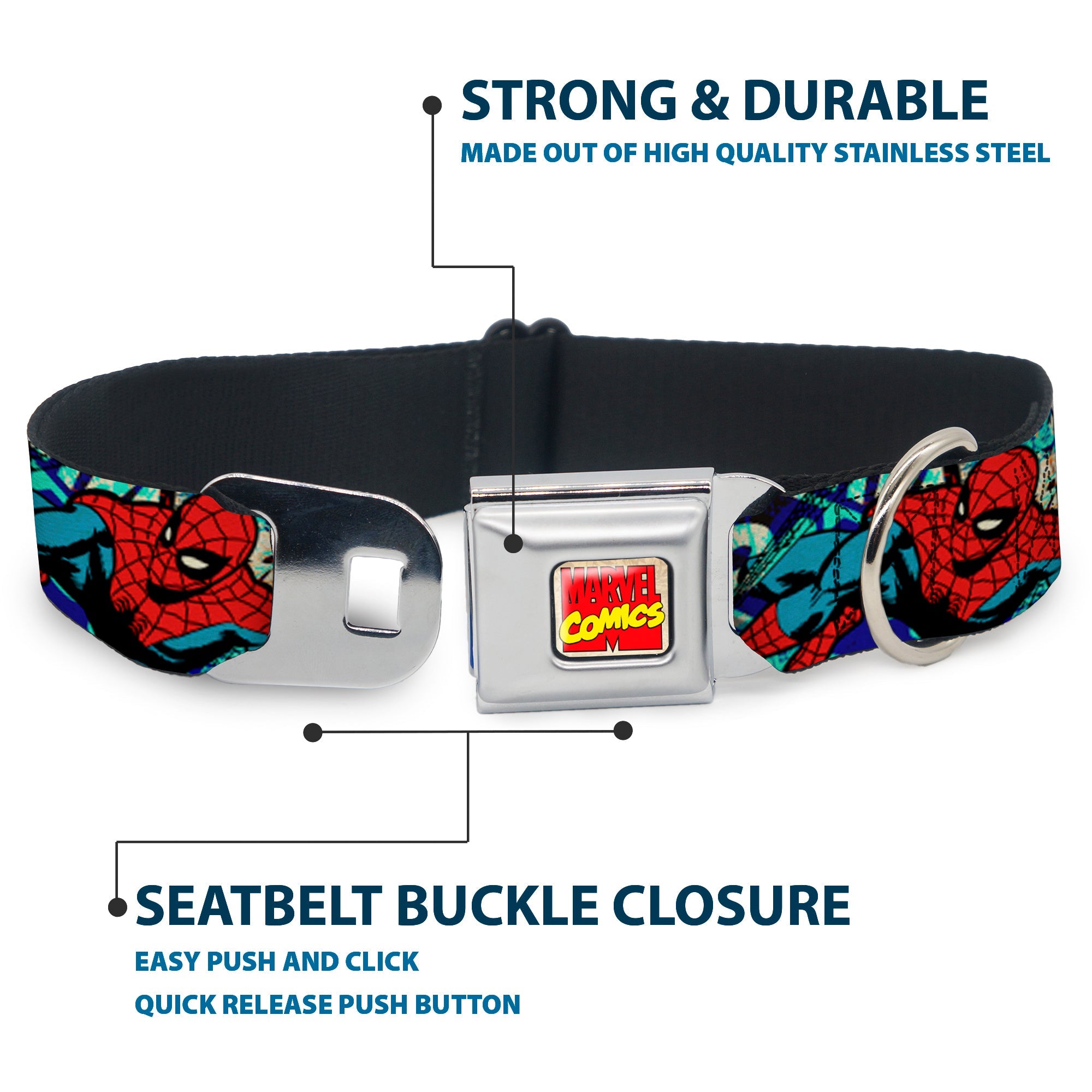 Marvel Comics Logo Full Color Seatbelt Buckle Collar - 4-Superhero Action Poses/Comic Scenes White/Black/Full Color Splatter