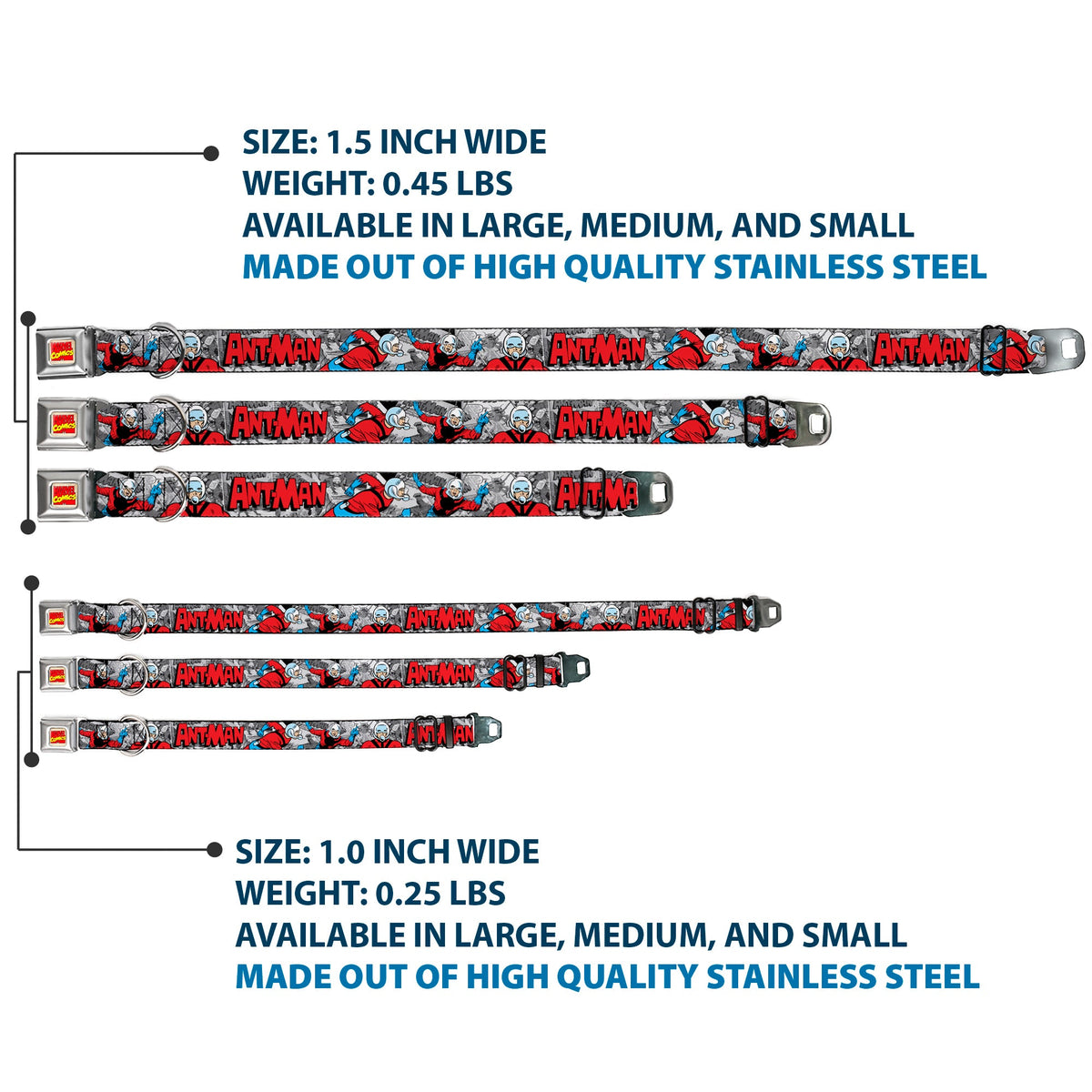 Marvel Comics Logo Full Color Seatbelt Buckle Collar - Classic ANT-MAN 3-Poses/Comic Stacked Grays/Black/Red