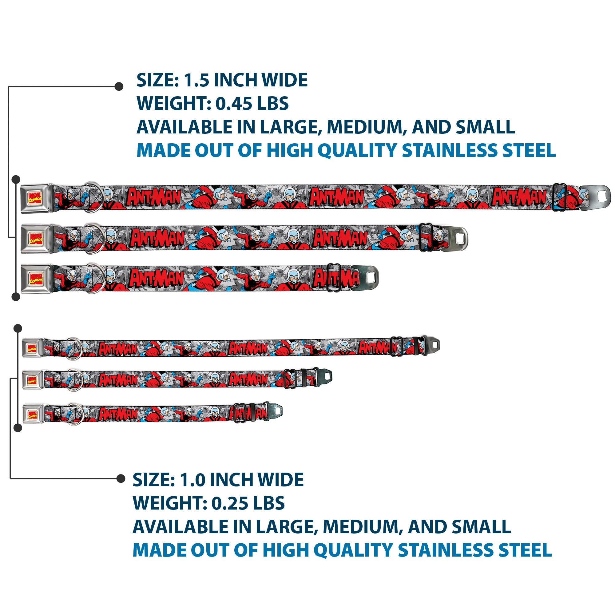 Marvel Comics Logo Full Color Seatbelt Buckle Collar - Classic ANT-MAN 3-Poses/Comic Stacked Grays/Black/Red