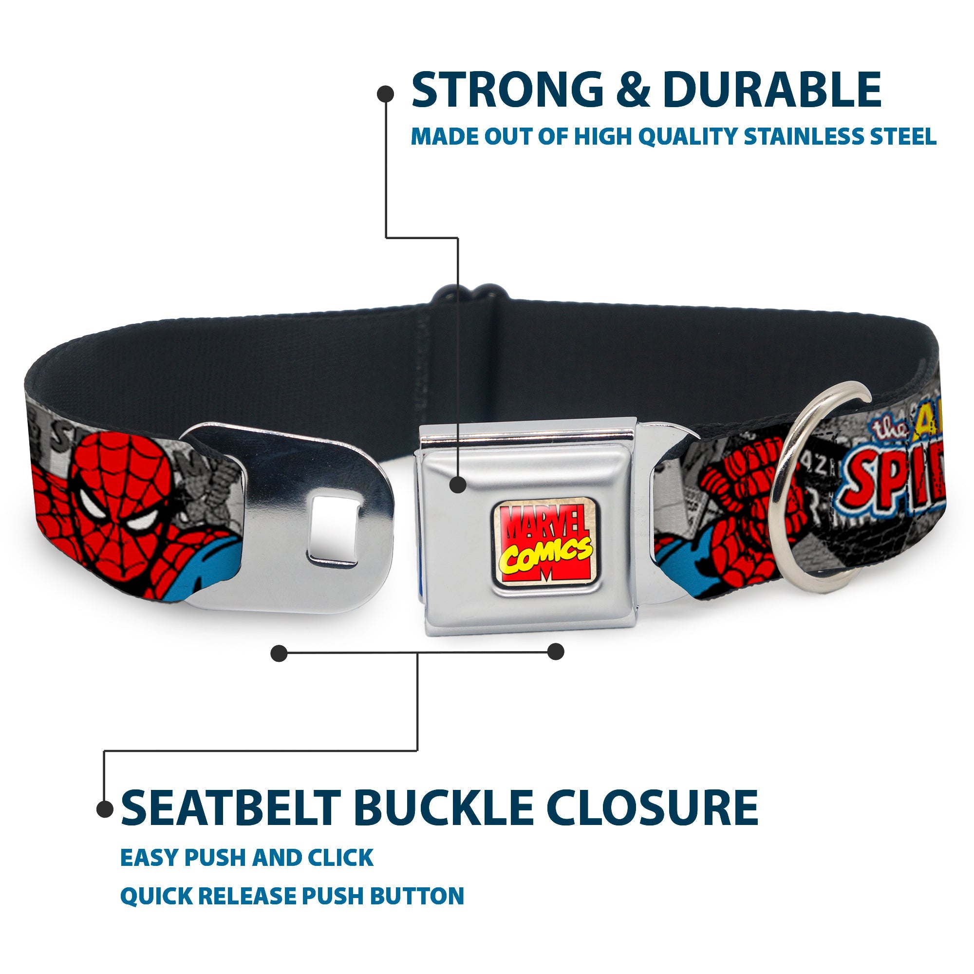 MARVEL COMICS Marvel Comics Logo Full Color Seatbelt Buckle Collar - THE AMAZING SPIDER-MAN Stacked Comic Books/Action Poses