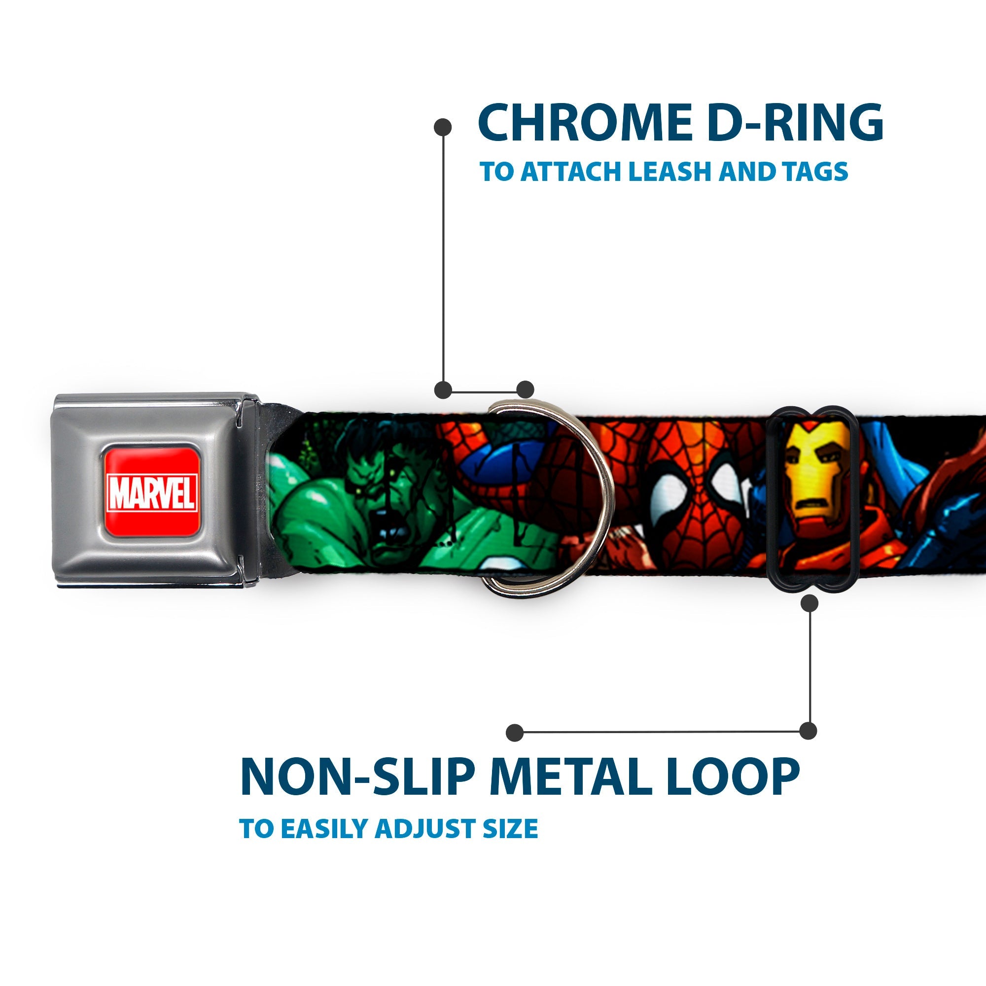 MARVEL Full Color Red/White Seatbelt Buckle Collar - Marvel Universe Superheroes Stacked