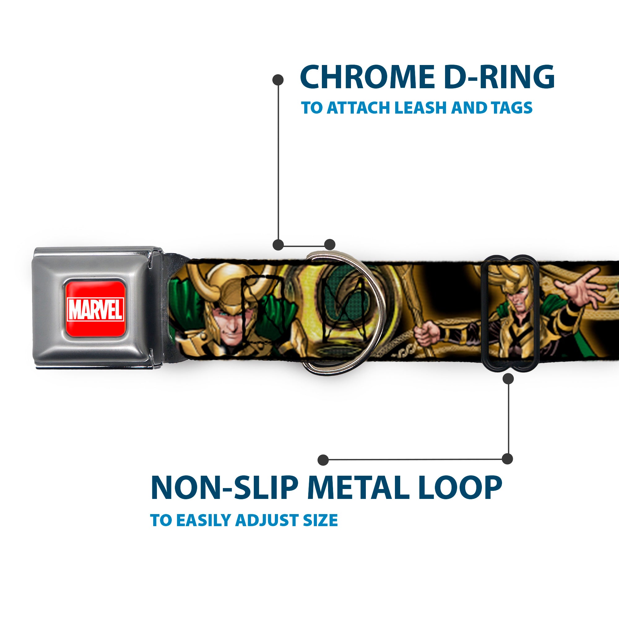 MARVEL UNIVERSE MARVEL Full Color Red White Seatbelt Buckle Collar - LOKI Poses Black/Gold/Green