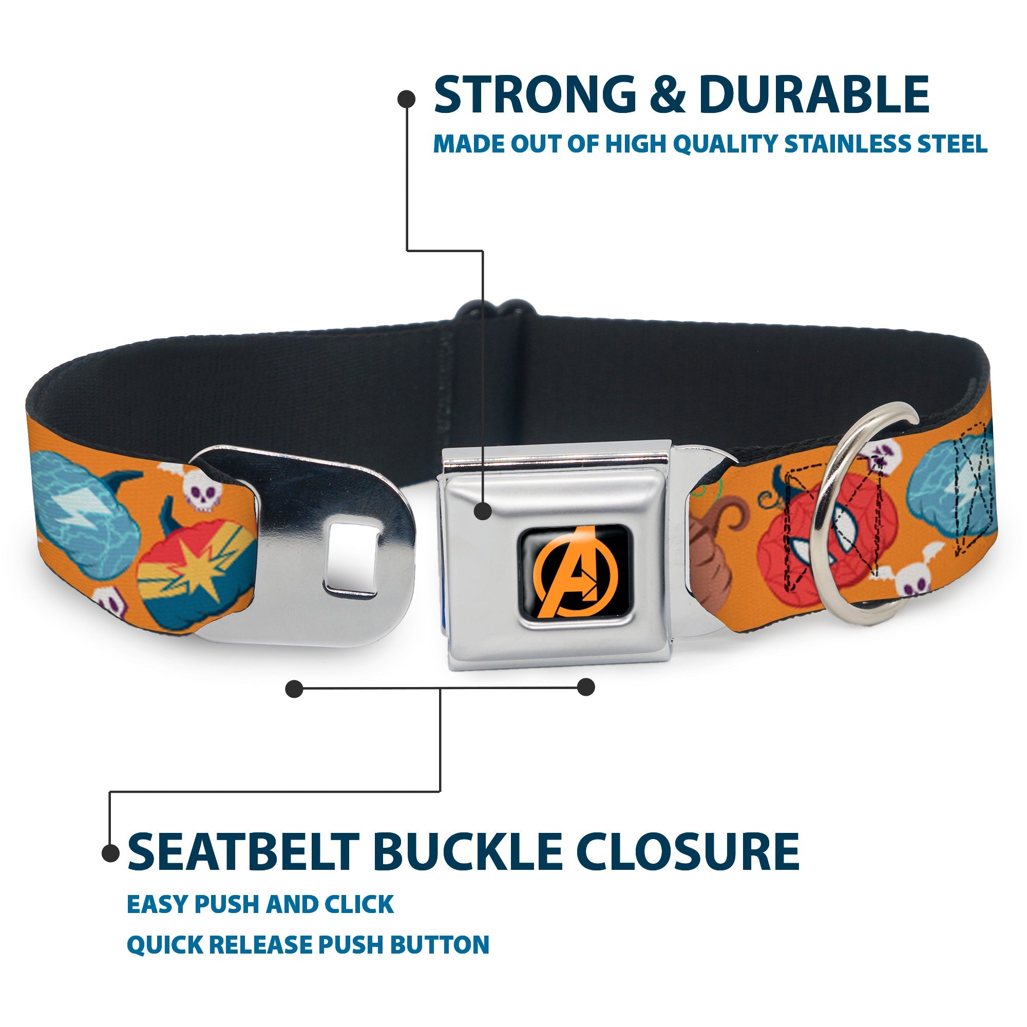 Avengers A Logo Full Color Black/Orange Seatbelt Buckle Collar - Marvel 9-Avengers Halloween Jack-O-Lantern Pumpkin Icons Scattered Orange