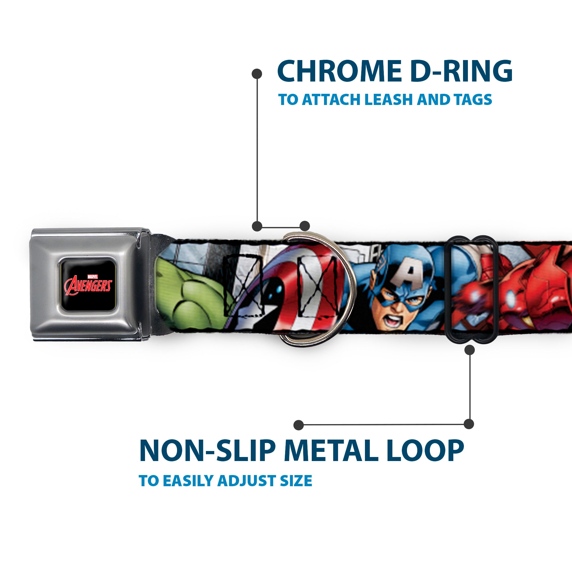 MARVEL AVENGERS Logo Full Color Black/Red/White Seatbelt Buckle Collar - Marvel Avengers 4-Superhero Poses CLOSE-UP