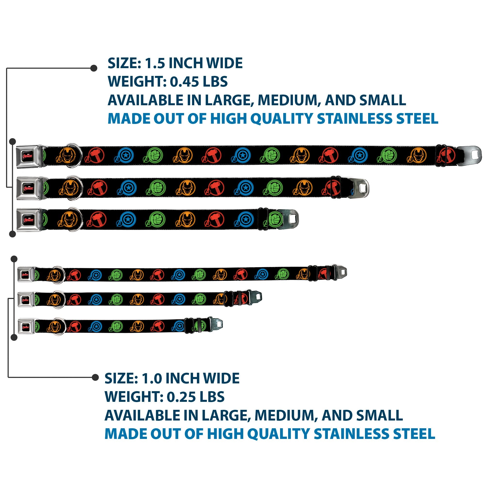 MARVEL AVENGERS Logo Full Color Black/Red/White Seatbelt Buckle Collar - Marvel Avengers Superhero Logos Black/Multi Color