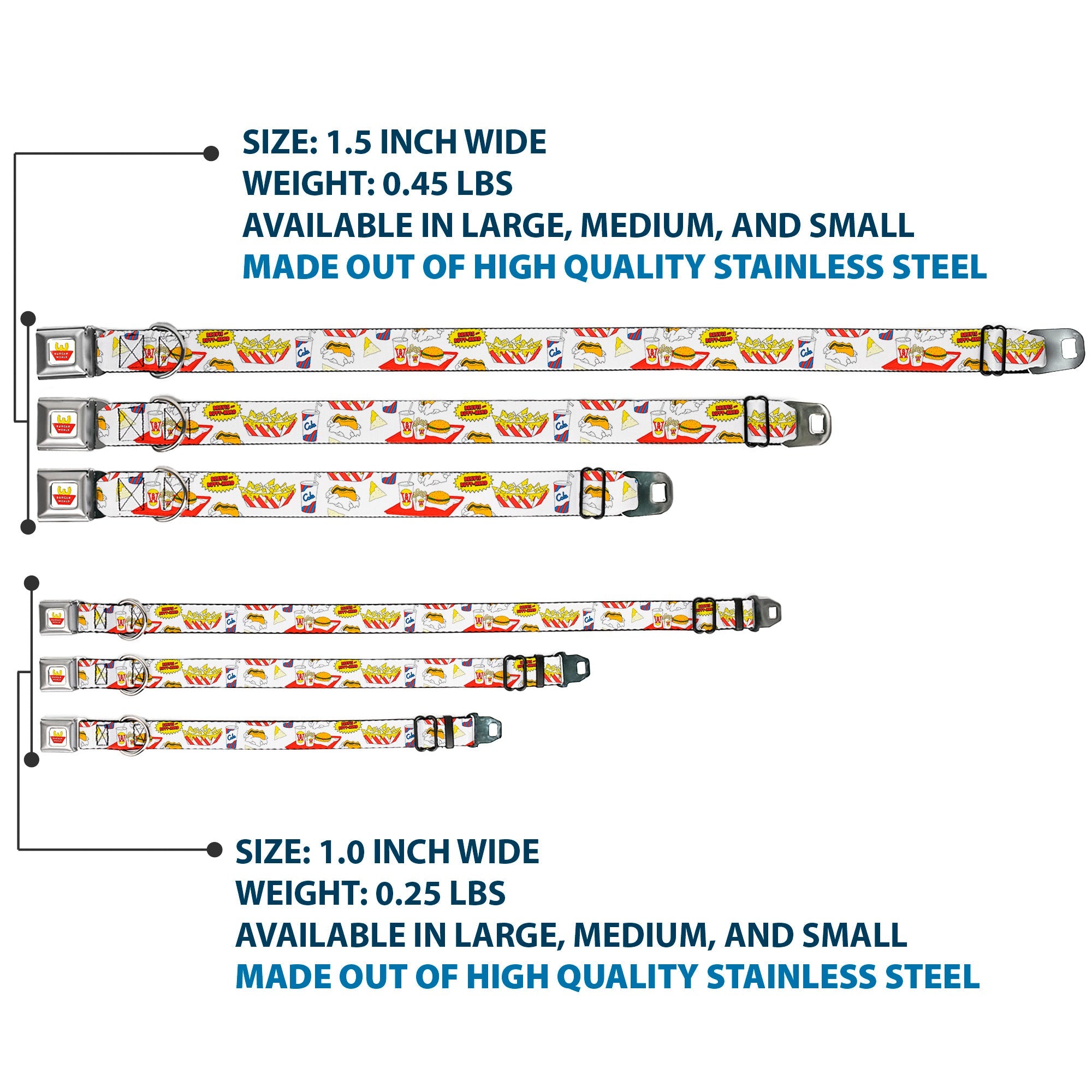 Buckle-Down Beavis and Butt-Head Burger World Logo Full Color White Seatbelt Buckle Dog Collar - Beavis And Butt-Head Burger World Icons Collage White